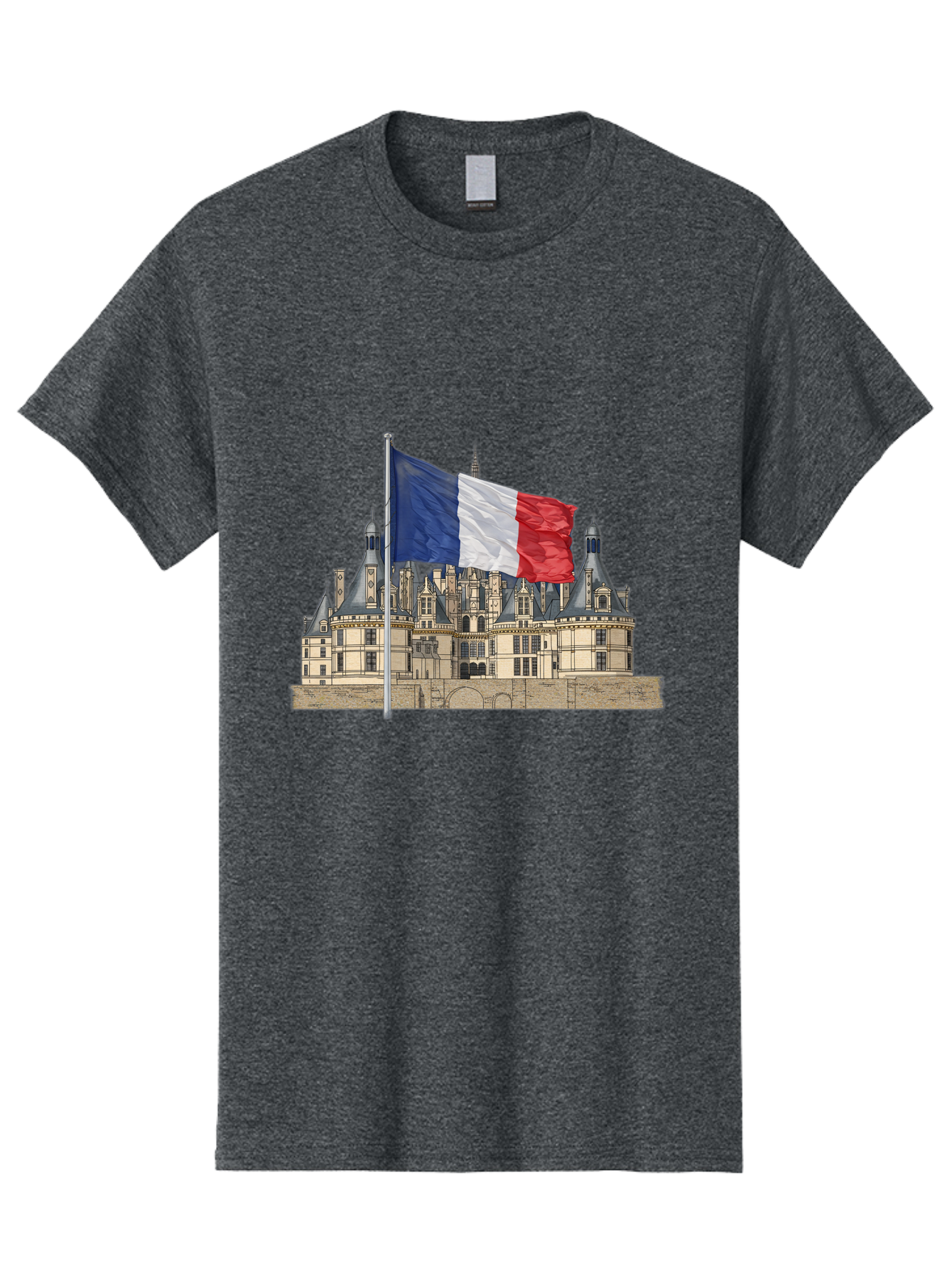 Chateau-De-Chambord Men'S Graphic Tee, 100% Cotton, Comfortable Casual Summer Wear, Machine Washable, French Flag Waving, Historic Chateau, European Architecture, French Heritage, National Pride, Cultural Significance, France Tourism Bac802
