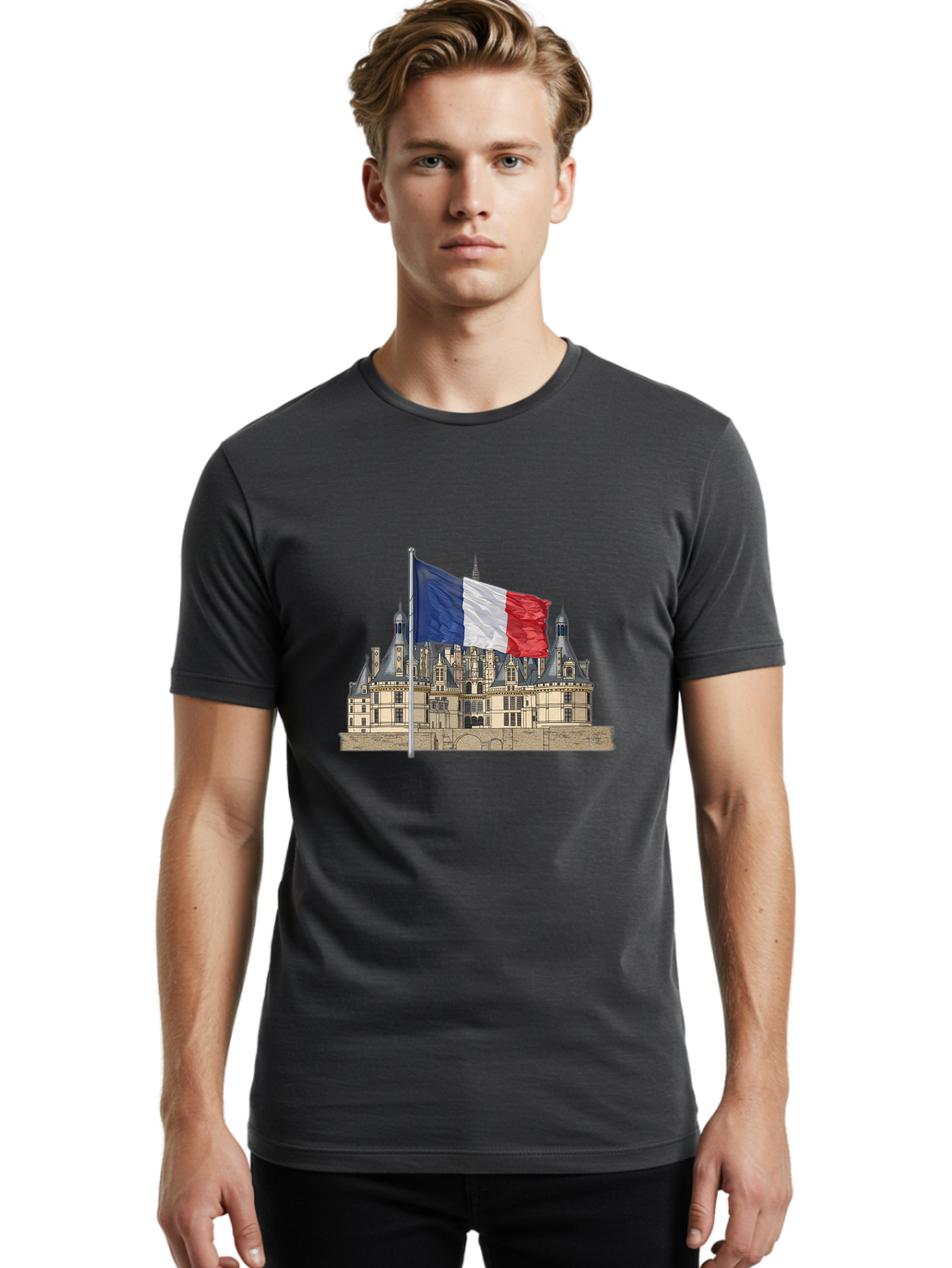 Chateau-De-Chambord Men'S Graphic Tee, 100% Cotton, Comfortable Casual Summer Wear, Machine Washable, French Flag Waving, Historic Chateau, European Architecture, French Heritage, National Pride, Cultural Significance, France Tourism Bac802