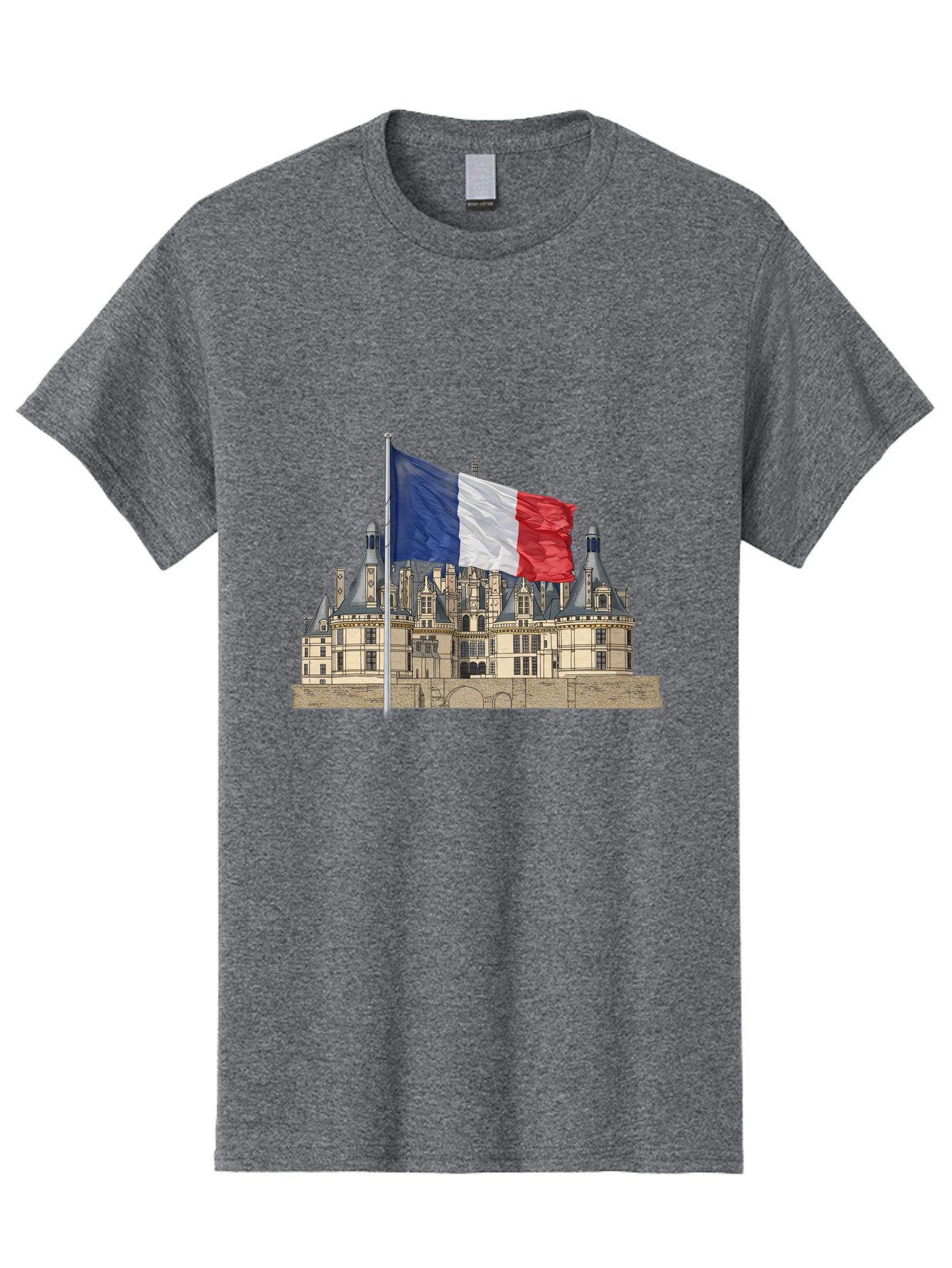 Chateau-De-Chambord Men'S Graphic Tee, 100% Cotton, Comfortable Casual Summer Wear, Machine Washable, French Flag Waving, Historic Chateau, European Architecture, French Heritage, National Pride, Cultural Significance, France Tourism Bac802