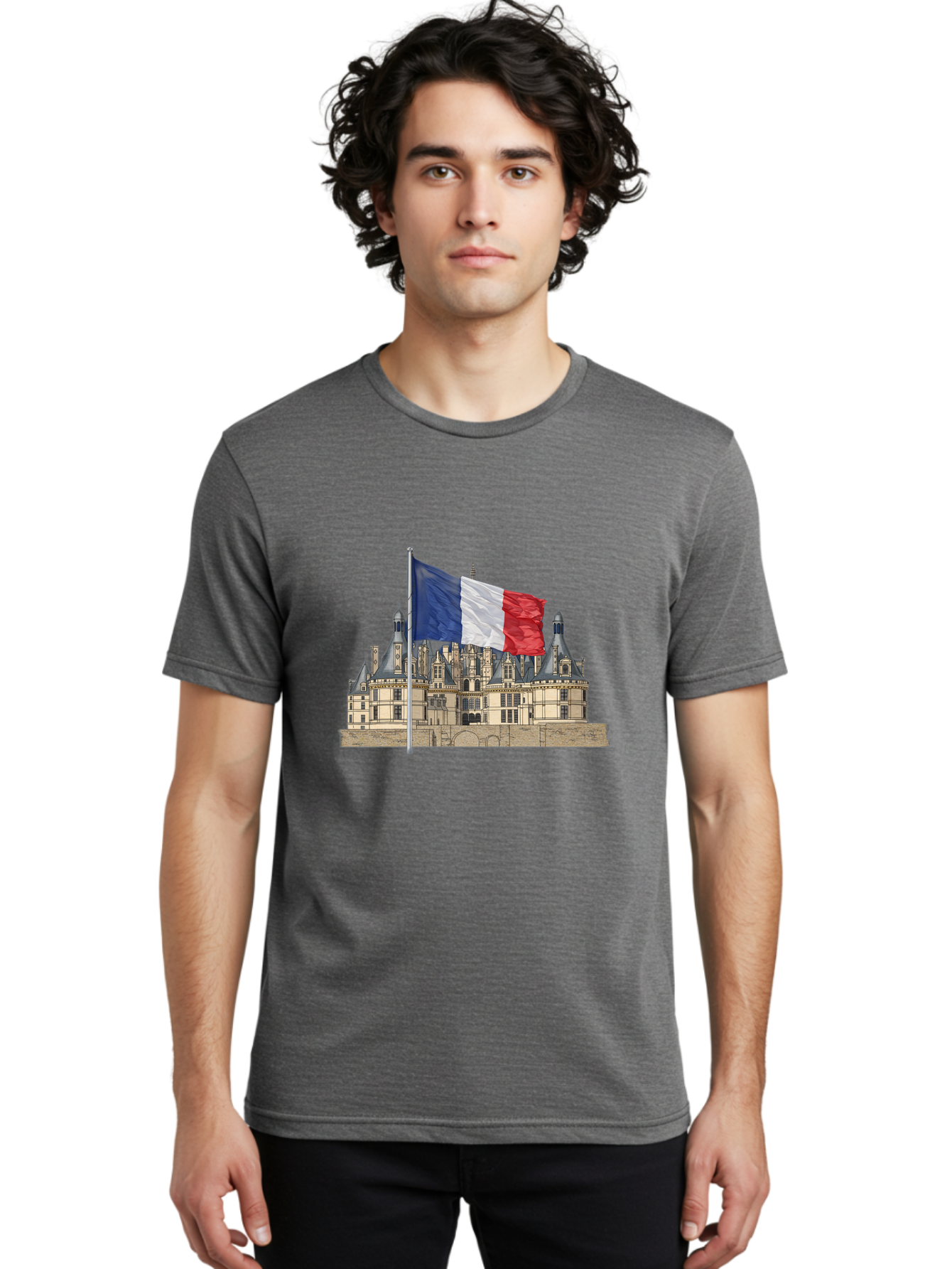 Chateau-De-Chambord Men'S Graphic Tee, 100% Cotton, Comfortable Casual Summer Wear, Machine Washable, French Flag Waving, Historic Chateau, European Architecture, French Heritage, National Pride, Cultural Significance, France Tourism Bac802