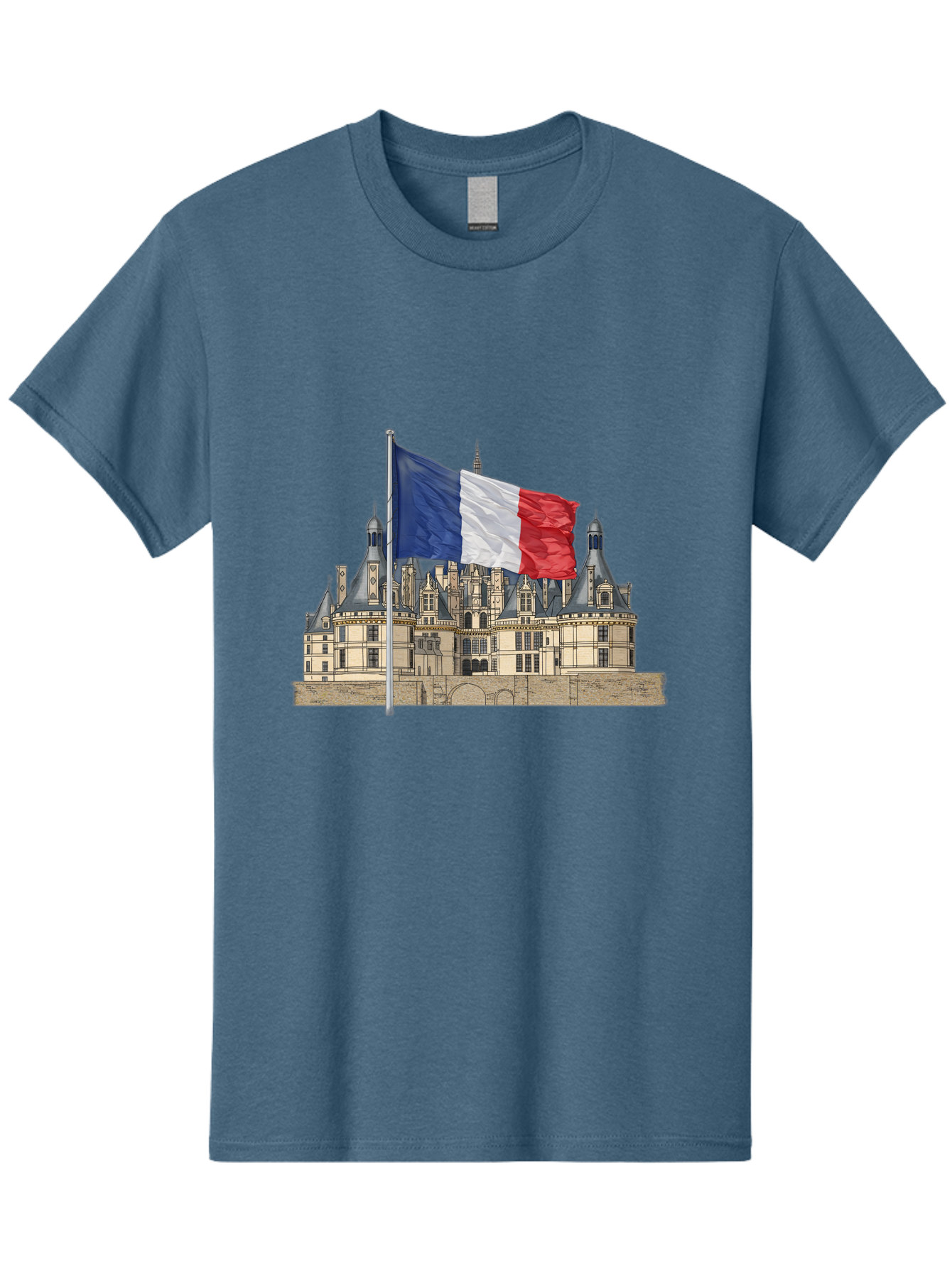 Chateau-De-Chambord Men'S Graphic Tee, 100% Cotton, Comfortable Casual Summer Wear, Machine Washable, French Flag Waving, Historic Chateau, European Architecture, French Heritage, National Pride, Cultural Significance, France Tourism Bac802