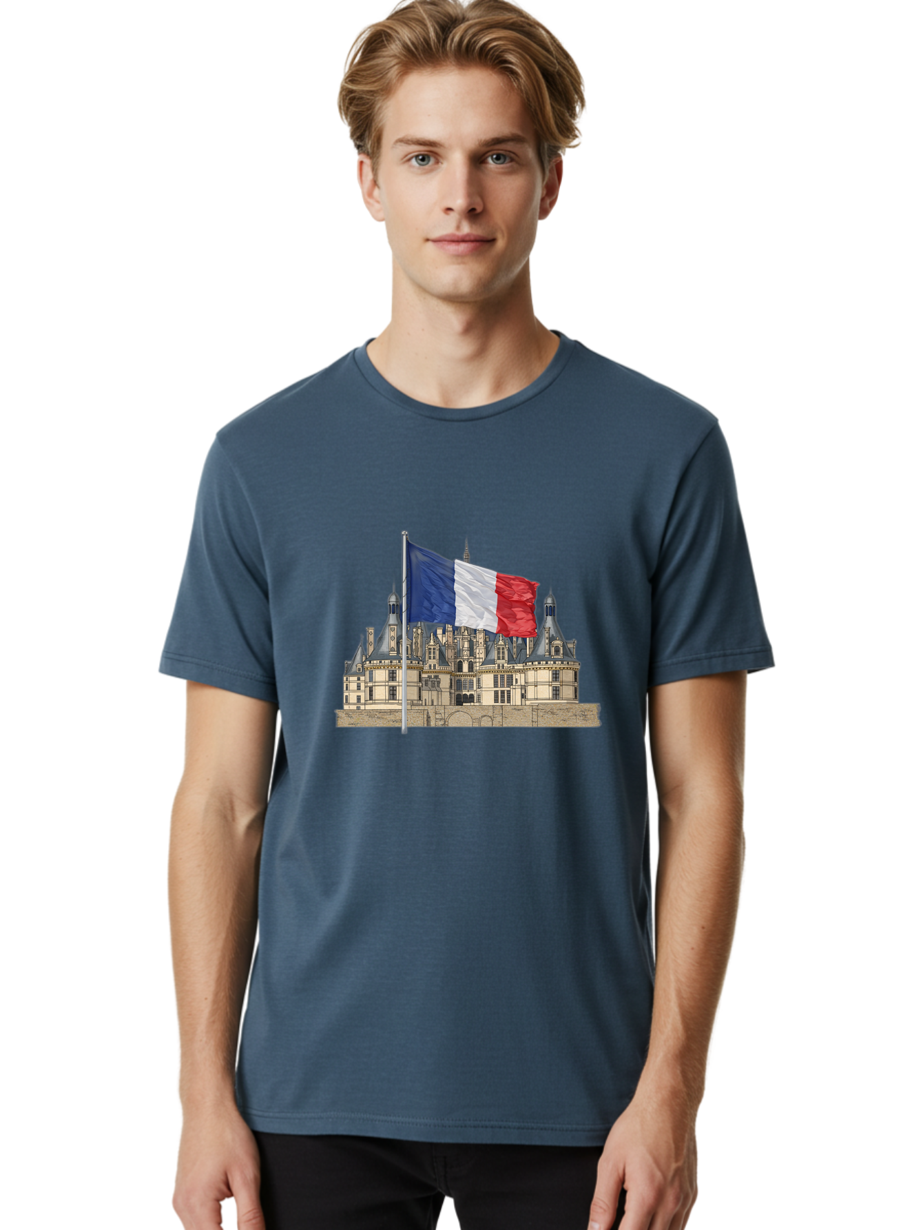 Chateau-De-Chambord Men'S Graphic Tee, 100% Cotton, Comfortable Casual Summer Wear, Machine Washable, French Flag Waving, Historic Chateau, European Architecture, French Heritage, National Pride, Cultural Significance, France Tourism Bac802