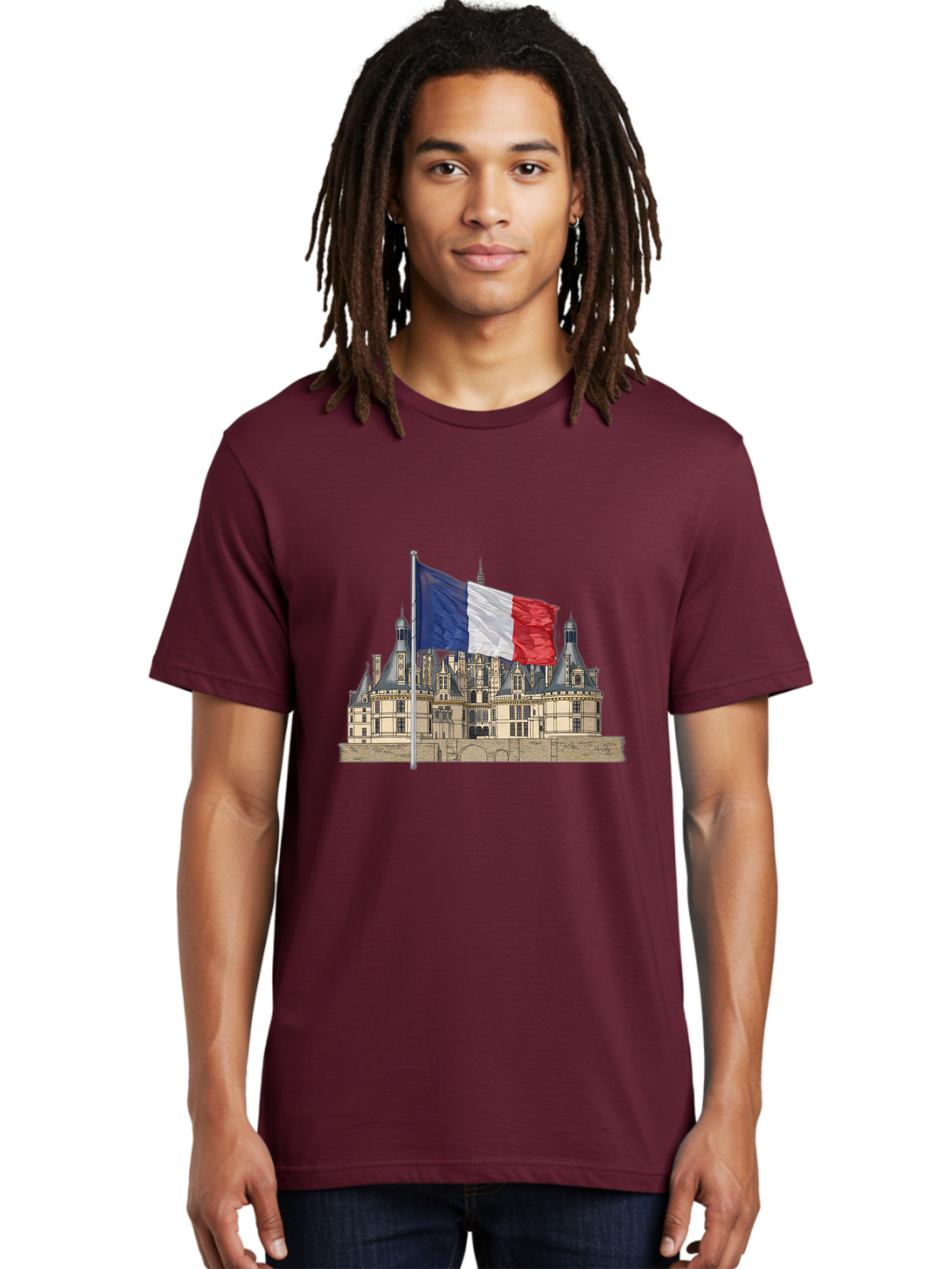 Chateau-De-Chambord Men'S Graphic Tee, 100% Cotton, Comfortable Casual Summer Wear, Machine Washable, French Flag Waving, Historic Chateau, European Architecture, French Heritage, National Pride, Cultural Significance, France Tourism Bac802