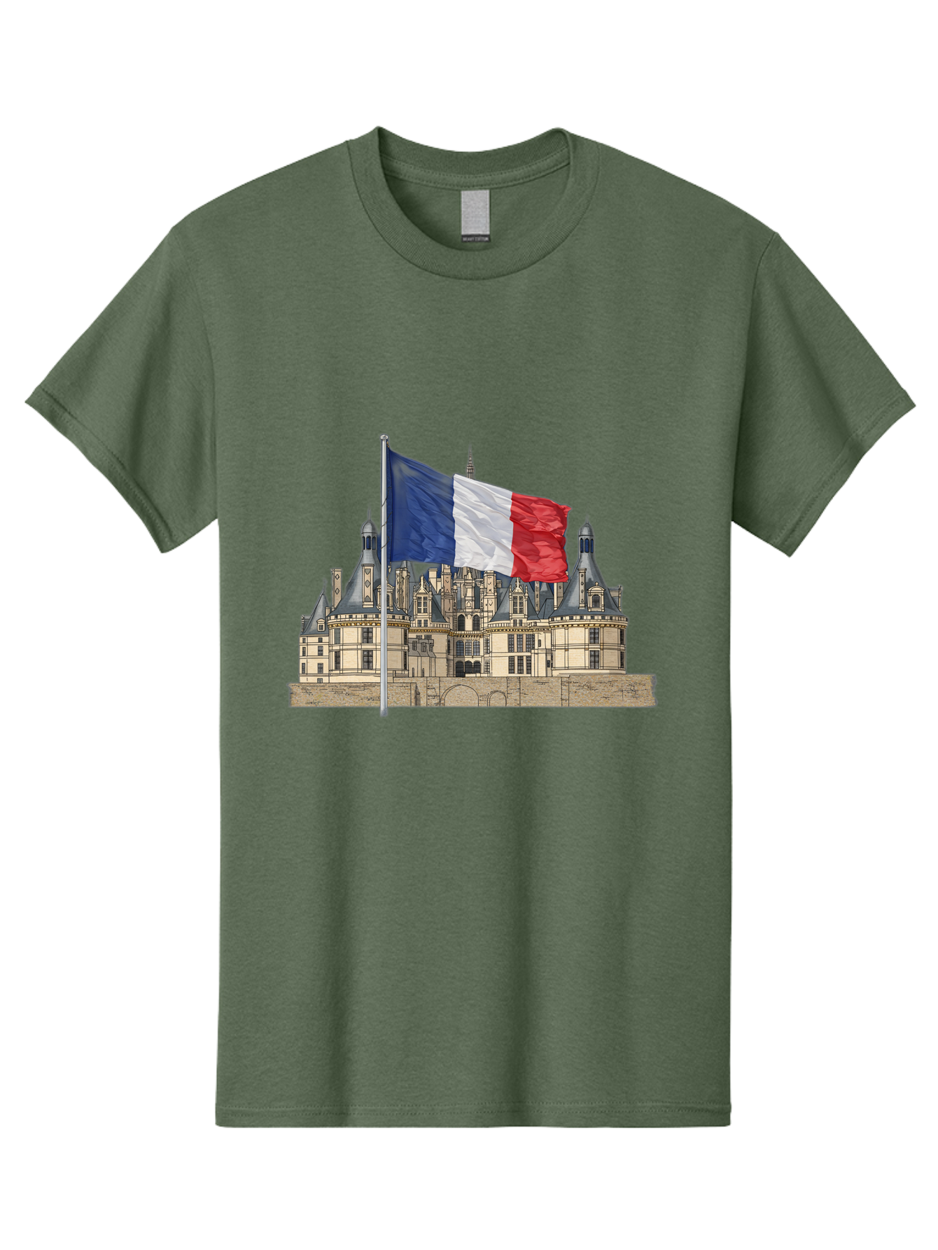 Chateau-De-Chambord Men'S Graphic Tee, 100% Cotton, Comfortable Casual Summer Wear, Machine Washable, French Flag Waving, Historic Chateau, European Architecture, French Heritage, National Pride, Cultural Significance, France Tourism Bac802