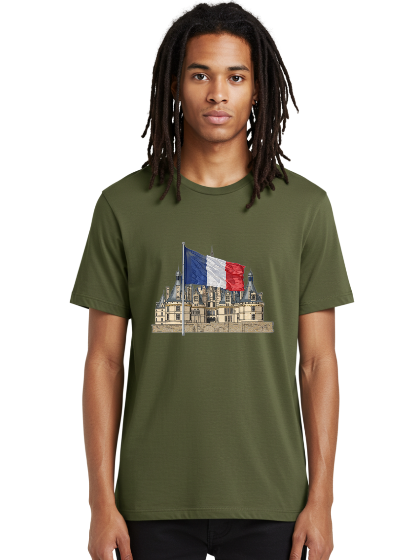 Chateau-De-Chambord Men'S Graphic Tee, 100% Cotton, Comfortable Casual Summer Wear, Machine Washable, French Flag Waving, Historic Chateau, European Architecture, French Heritage, National Pride, Cultural Significance, France Tourism Bac802