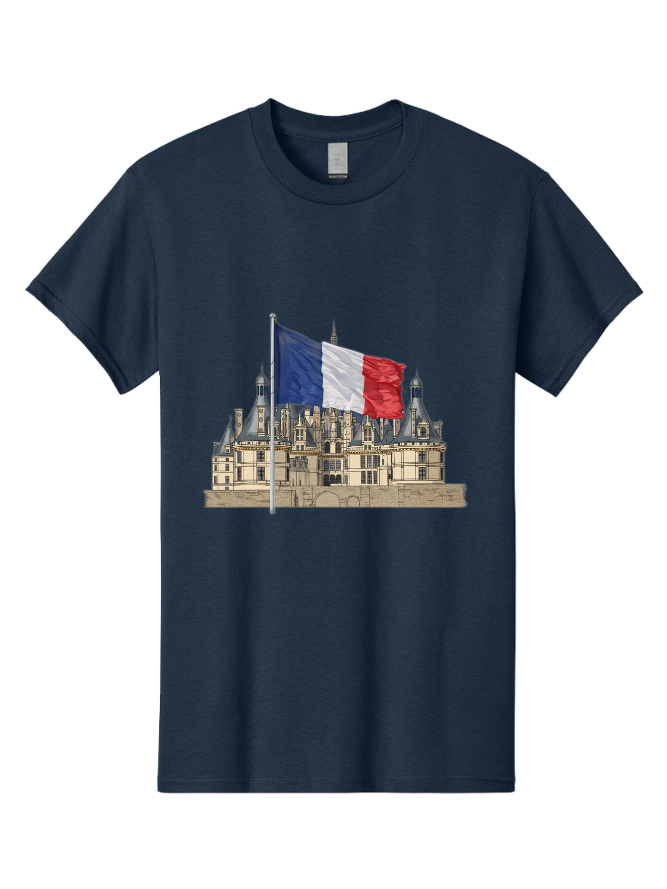Chateau-De-Chambord Men'S Graphic Tee, 100% Cotton, Comfortable Casual Summer Wear, Machine Washable, French Flag Waving, Historic Chateau, European Architecture, French Heritage, National Pride, Cultural Significance, France Tourism Bac802