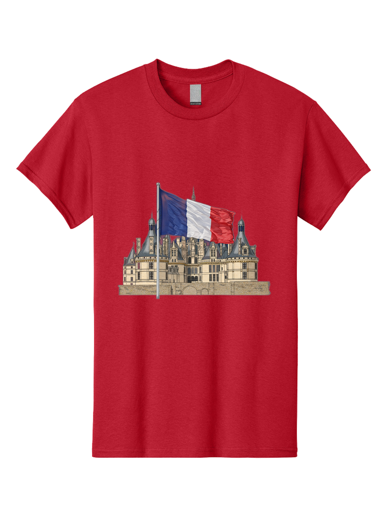 Chateau-De-Chambord Men'S Graphic Tee, 100% Cotton, Comfortable Casual Summer Wear, Machine Washable, French Flag Waving, Historic Chateau, European Architecture, French Heritage, National Pride, Cultural Significance, France Tourism Bac802