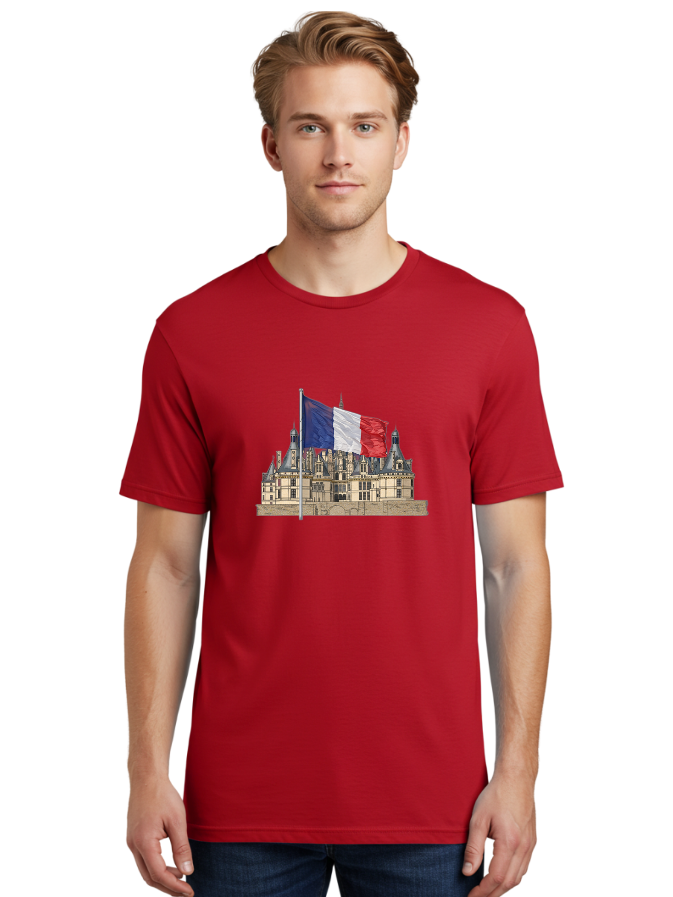 Chateau-De-Chambord Men'S Graphic Tee, 100% Cotton, Comfortable Casual Summer Wear, Machine Washable, French Flag Waving, Historic Chateau, European Architecture, French Heritage, National Pride, Cultural Significance, France Tourism Bac802