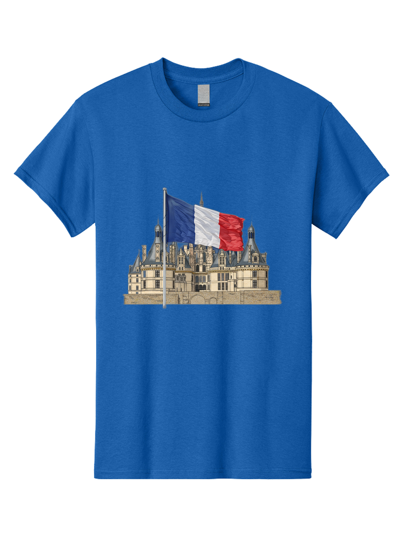 Chateau-De-Chambord Men'S Graphic Tee, 100% Cotton, Comfortable Casual Summer Wear, Machine Washable, French Flag Waving, Historic Chateau, European Architecture, French Heritage, National Pride, Cultural Significance, France Tourism Bac802