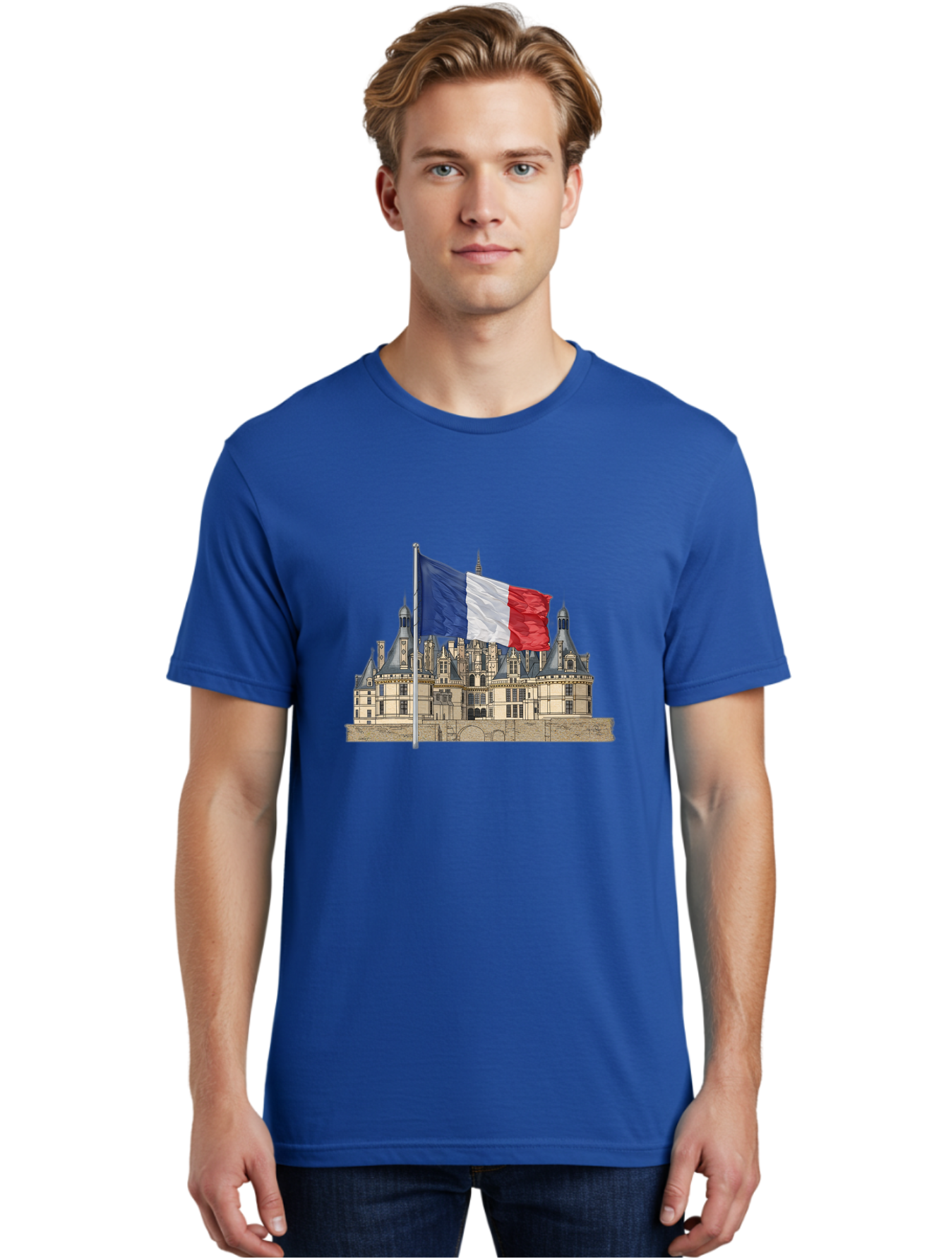 Chateau-De-Chambord Men'S Graphic Tee, 100% Cotton, Comfortable Casual Summer Wear, Machine Washable, French Flag Waving, Historic Chateau, European Architecture, French Heritage, National Pride, Cultural Significance, France Tourism Bac802