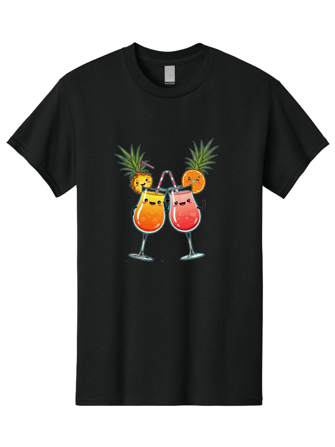 Cheers-Drinks Men'S Graphic Tee, 100% Cotton, Comfortable Casual Summer Wear, Machine Washable, Cartoon Cocktails, Fruity Drinks, Orange And Pink Colors, Pineapple Garnish, Smiling Glasses, Cheerful Toast, Fun Illustration, Tropical Vibe, Bac803