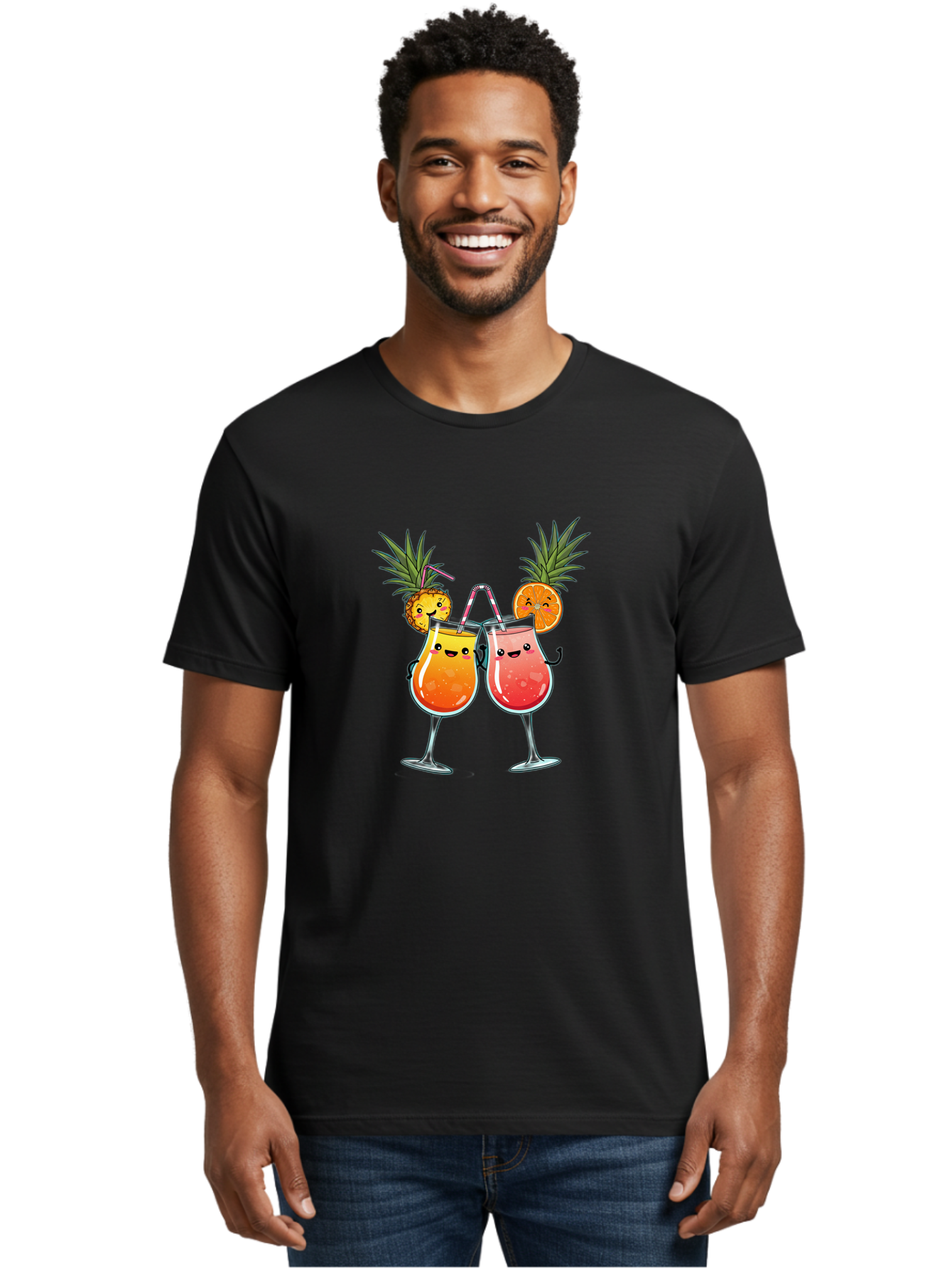 Cheers-Drinks Men'S Graphic Tee, 100% Cotton, Comfortable Casual Summer Wear, Machine Washable, Cartoon Cocktails, Fruity Drinks, Orange And Pink Colors, Pineapple Garnish, Smiling Glasses, Cheerful Toast, Fun Illustration, Tropical Vibe, Bac803