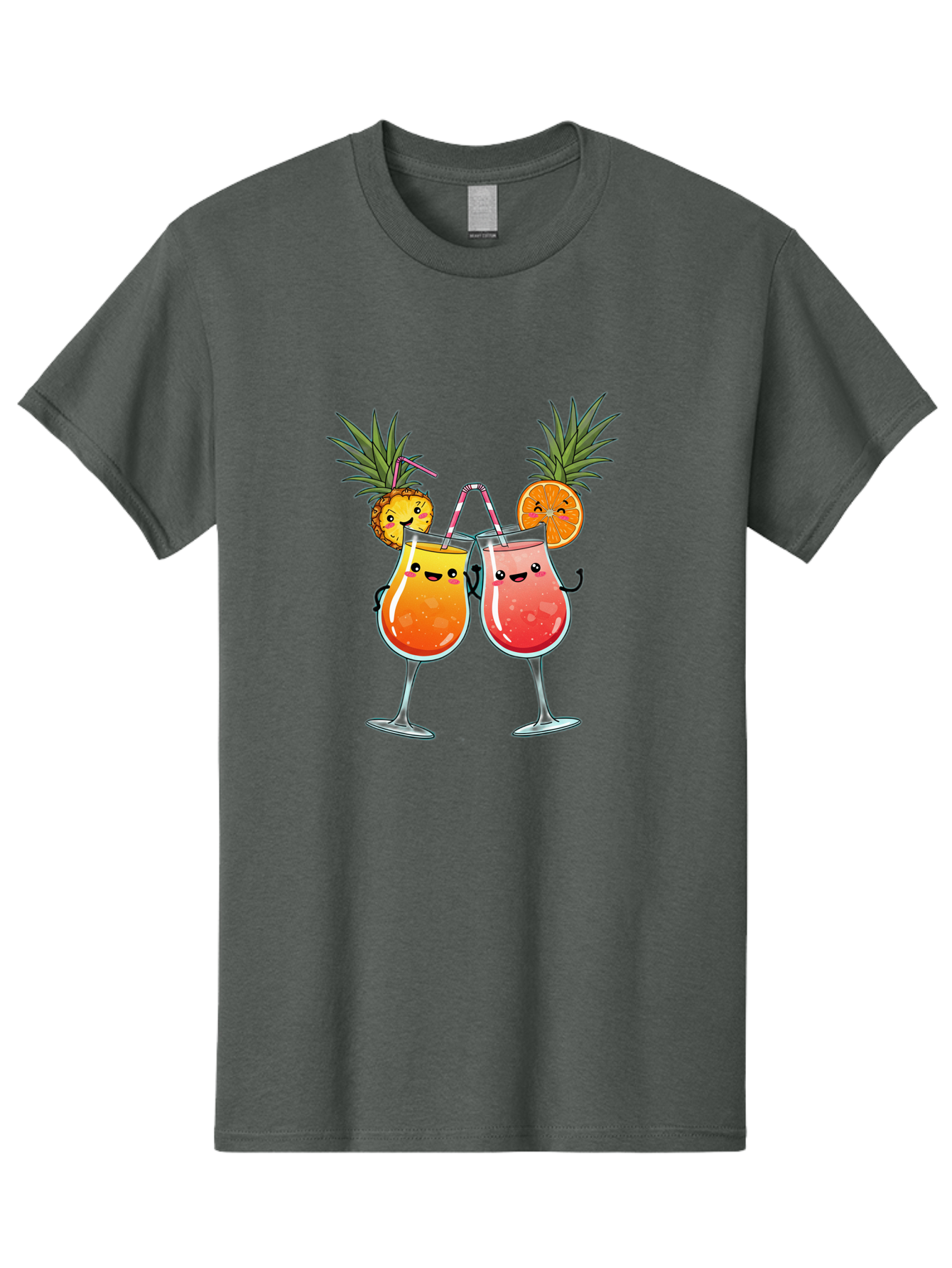 Cheers-Drinks Men'S Graphic Tee, 100% Cotton, Comfortable Casual Summer Wear, Machine Washable, Cartoon Cocktails, Fruity Drinks, Orange And Pink Colors, Pineapple Garnish, Smiling Glasses, Cheerful Toast, Fun Illustration, Tropical Vibe, Bac803