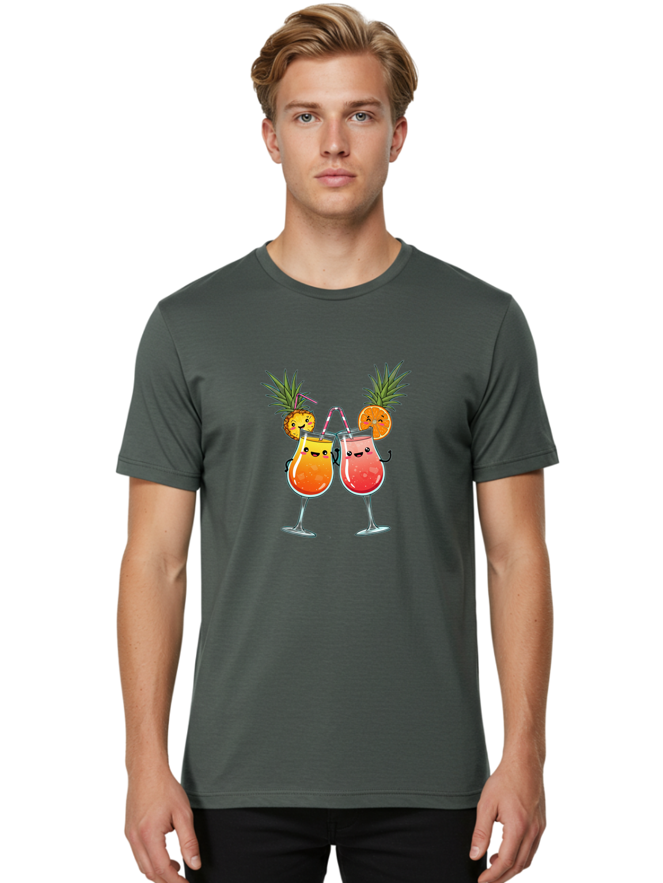 Cheers-Drinks Men'S Graphic Tee, 100% Cotton, Comfortable Casual Summer Wear, Machine Washable, Cartoon Cocktails, Fruity Drinks, Orange And Pink Colors, Pineapple Garnish, Smiling Glasses, Cheerful Toast, Fun Illustration, Tropical Vibe, Bac803