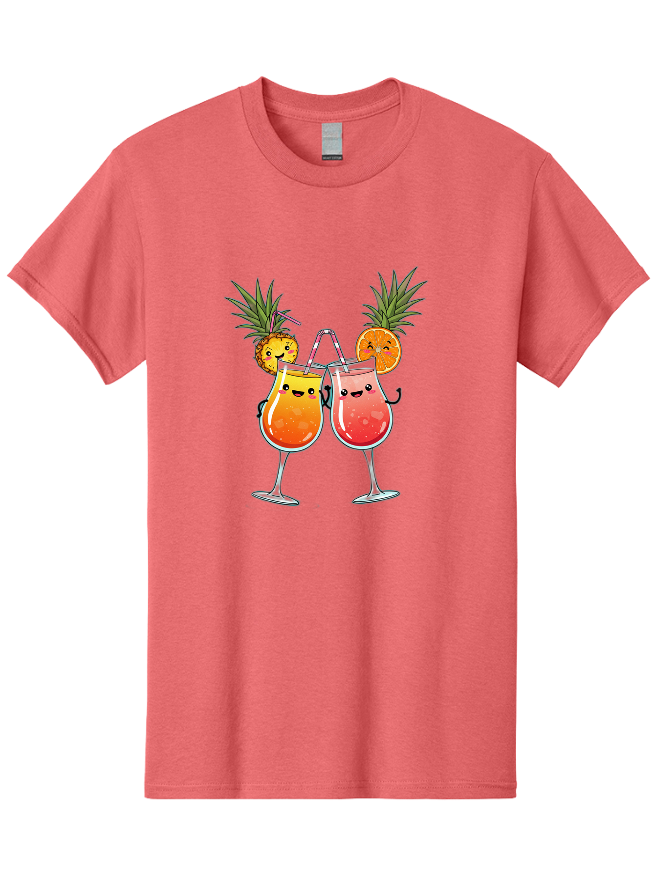 Cheers-Drinks Men'S Graphic Tee, 100% Cotton, Comfortable Casual Summer Wear, Machine Washable, Cartoon Cocktails, Fruity Drinks, Orange And Pink Colors, Pineapple Garnish, Smiling Glasses, Cheerful Toast, Fun Illustration, Tropical Vibe, Bac803