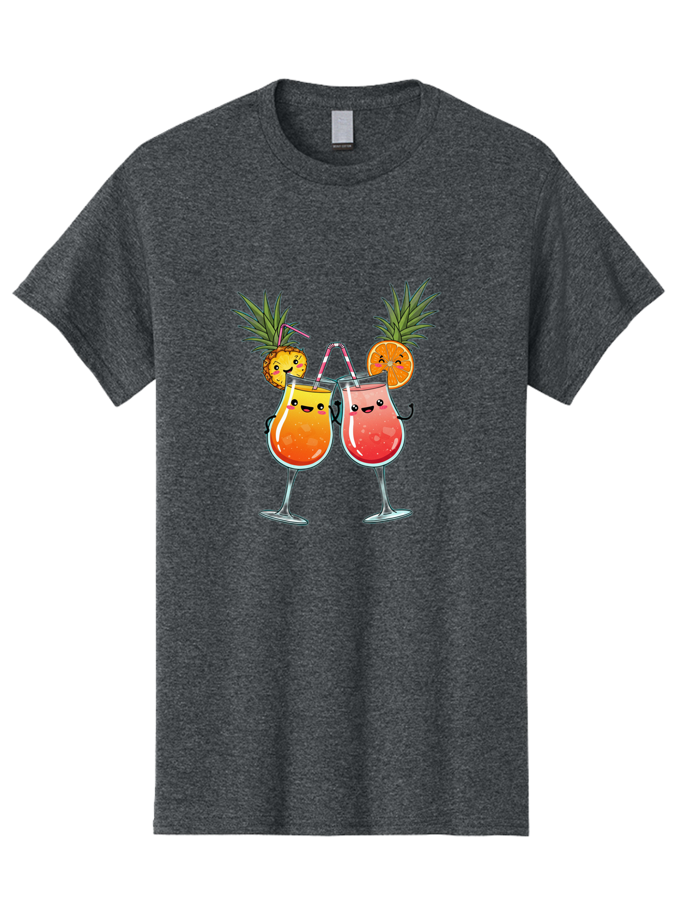 Cheers-Drinks Men'S Graphic Tee, 100% Cotton, Comfortable Casual Summer Wear, Machine Washable, Cartoon Cocktails, Fruity Drinks, Orange And Pink Colors, Pineapple Garnish, Smiling Glasses, Cheerful Toast, Fun Illustration, Tropical Vibe, Bac803