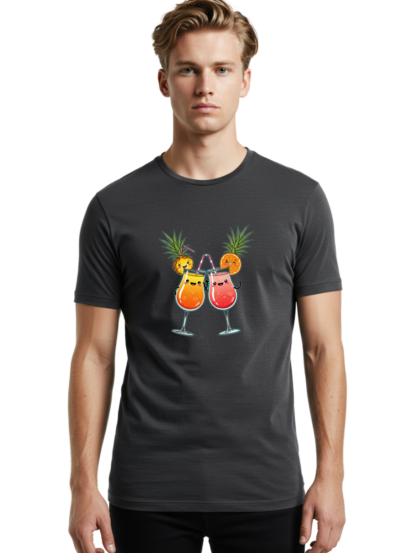 Cheers-Drinks Men'S Graphic Tee, 100% Cotton, Comfortable Casual Summer Wear, Machine Washable, Cartoon Cocktails, Fruity Drinks, Orange And Pink Colors, Pineapple Garnish, Smiling Glasses, Cheerful Toast, Fun Illustration, Tropical Vibe, Bac803