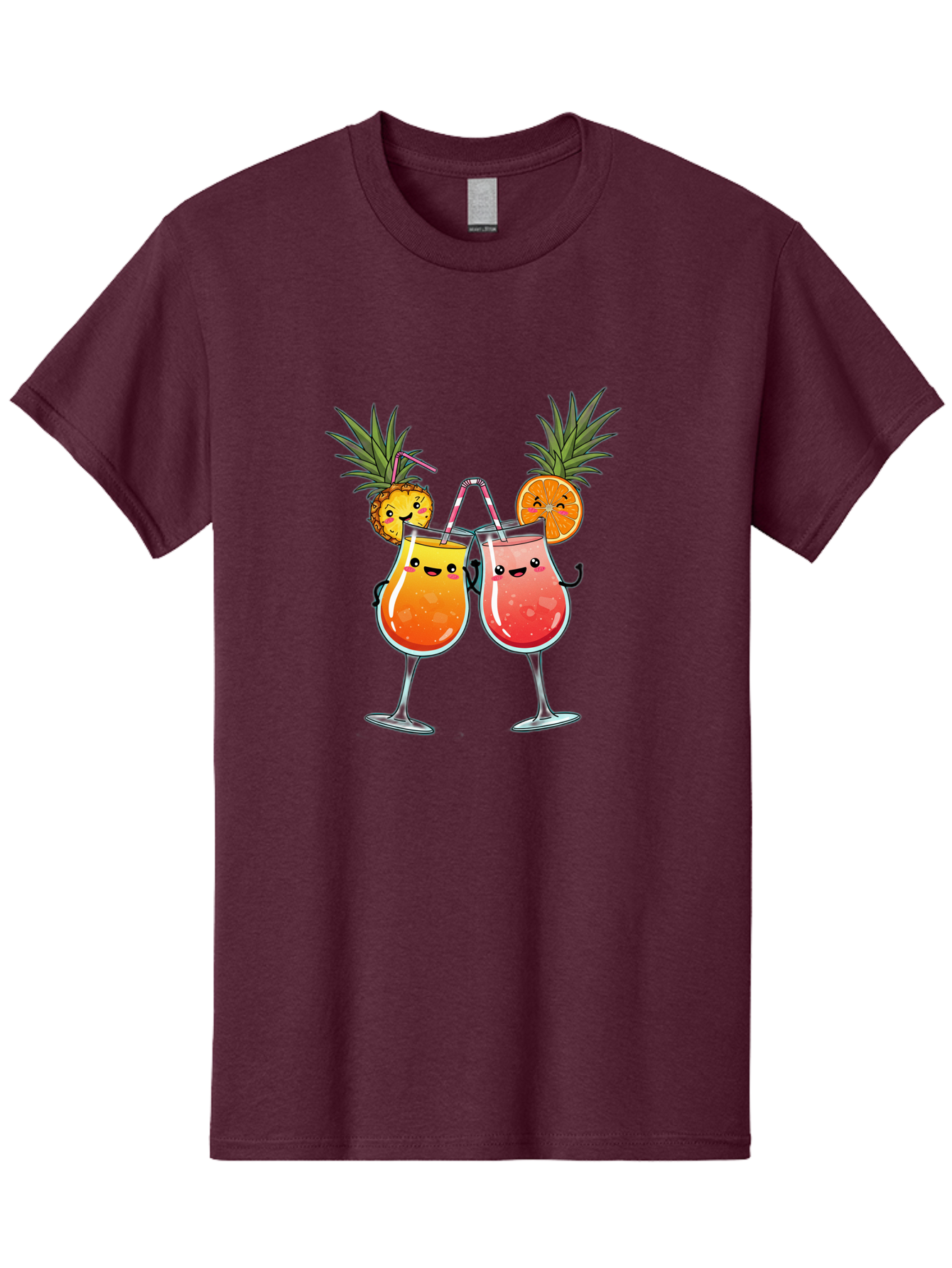 Cheers-Drinks Men'S Graphic Tee, 100% Cotton, Comfortable Casual Summer Wear, Machine Washable, Cartoon Cocktails, Fruity Drinks, Orange And Pink Colors, Pineapple Garnish, Smiling Glasses, Cheerful Toast, Fun Illustration, Tropical Vibe, Bac803
