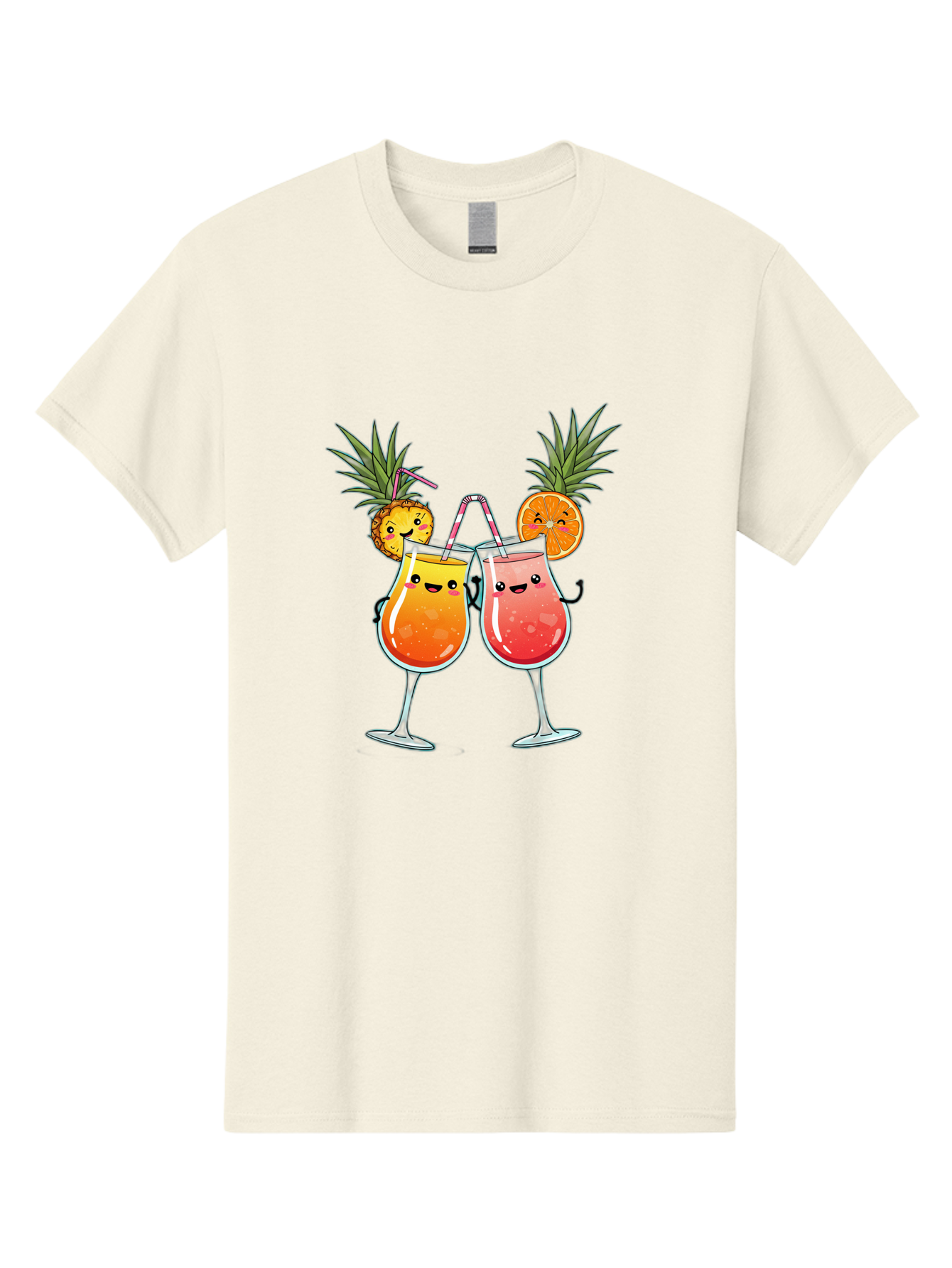 Cheers-Drinks Men'S Graphic Tee, 100% Cotton, Comfortable Casual Summer Wear, Machine Washable, Cartoon Cocktails, Fruity Drinks, Orange And Pink Colors, Pineapple Garnish, Smiling Glasses, Cheerful Toast, Fun Illustration, Tropical Vibe, Bac803