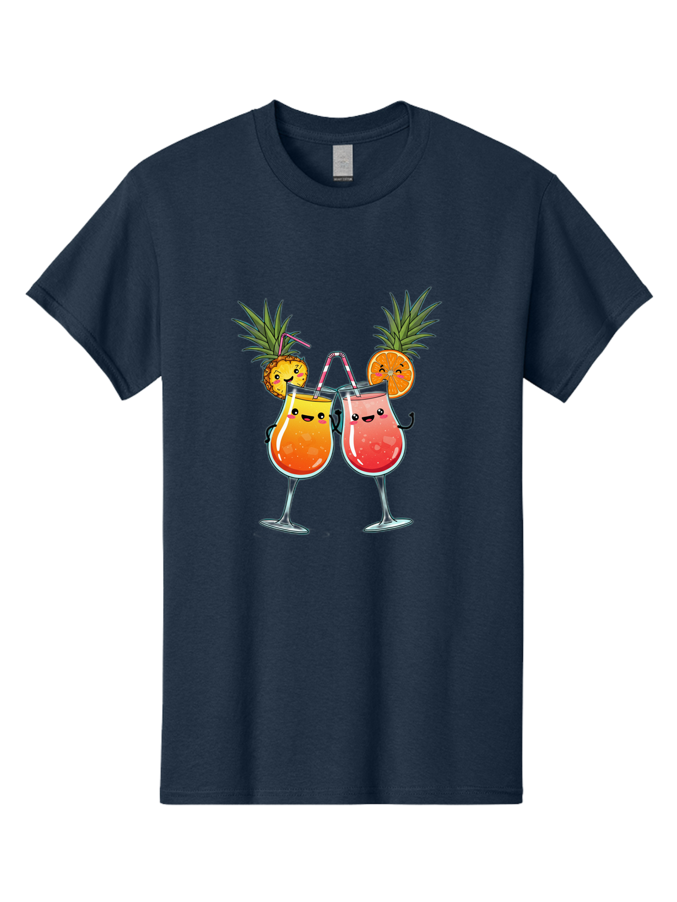 Cheers-Drinks Men'S Graphic Tee, 100% Cotton, Comfortable Casual Summer Wear, Machine Washable, Cartoon Cocktails, Fruity Drinks, Orange And Pink Colors, Pineapple Garnish, Smiling Glasses, Cheerful Toast, Fun Illustration, Tropical Vibe, Bac803