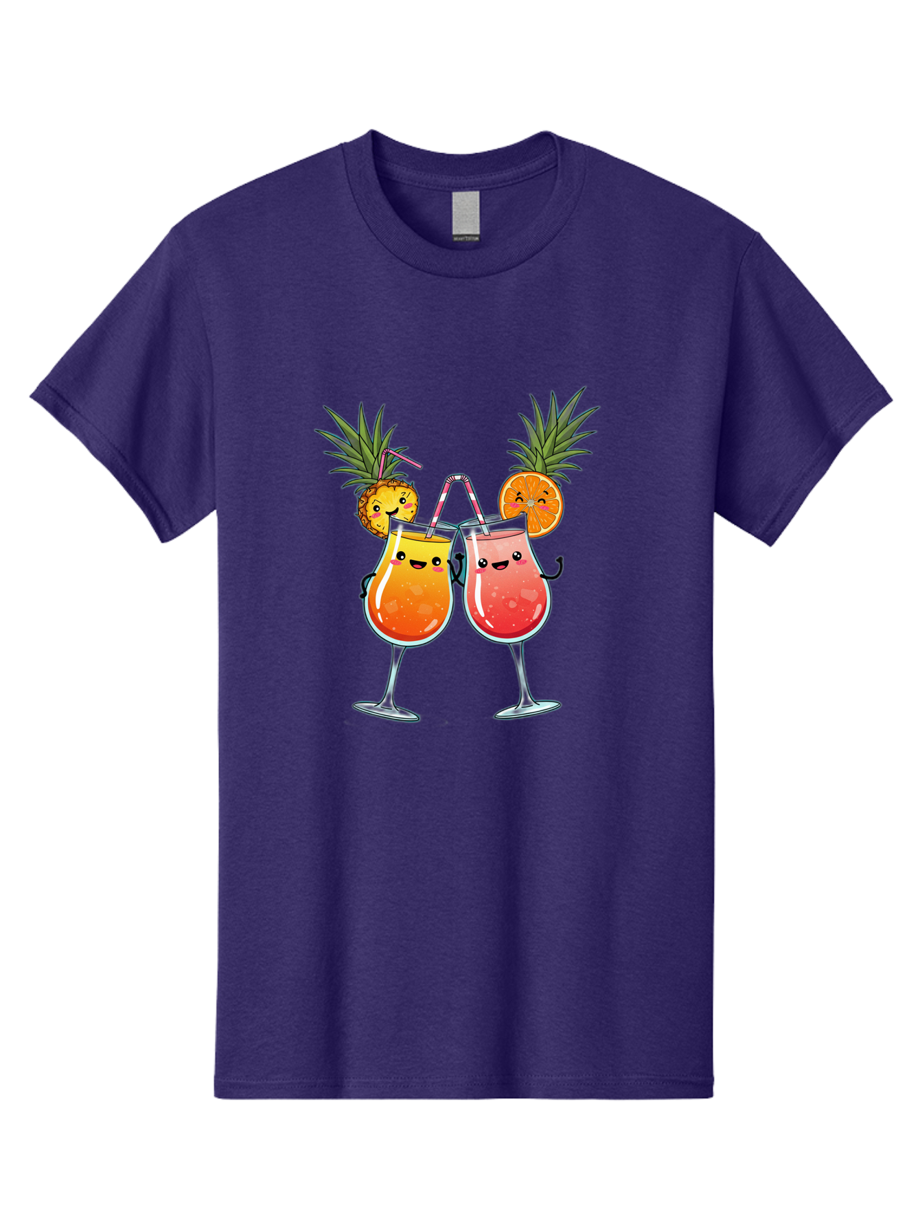 Cheers-Drinks Men'S Graphic Tee, 100% Cotton, Comfortable Casual Summer Wear, Machine Washable, Cartoon Cocktails, Fruity Drinks, Orange And Pink Colors, Pineapple Garnish, Smiling Glasses, Cheerful Toast, Fun Illustration, Tropical Vibe, Bac803