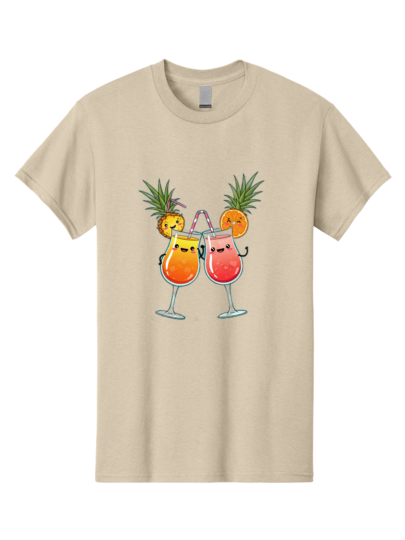 Cheers-Drinks Men'S Graphic Tee, 100% Cotton, Comfortable Casual Summer Wear, Machine Washable, Cartoon Cocktails, Fruity Drinks, Orange And Pink Colors, Pineapple Garnish, Smiling Glasses, Cheerful Toast, Fun Illustration, Tropical Vibe, Bac803