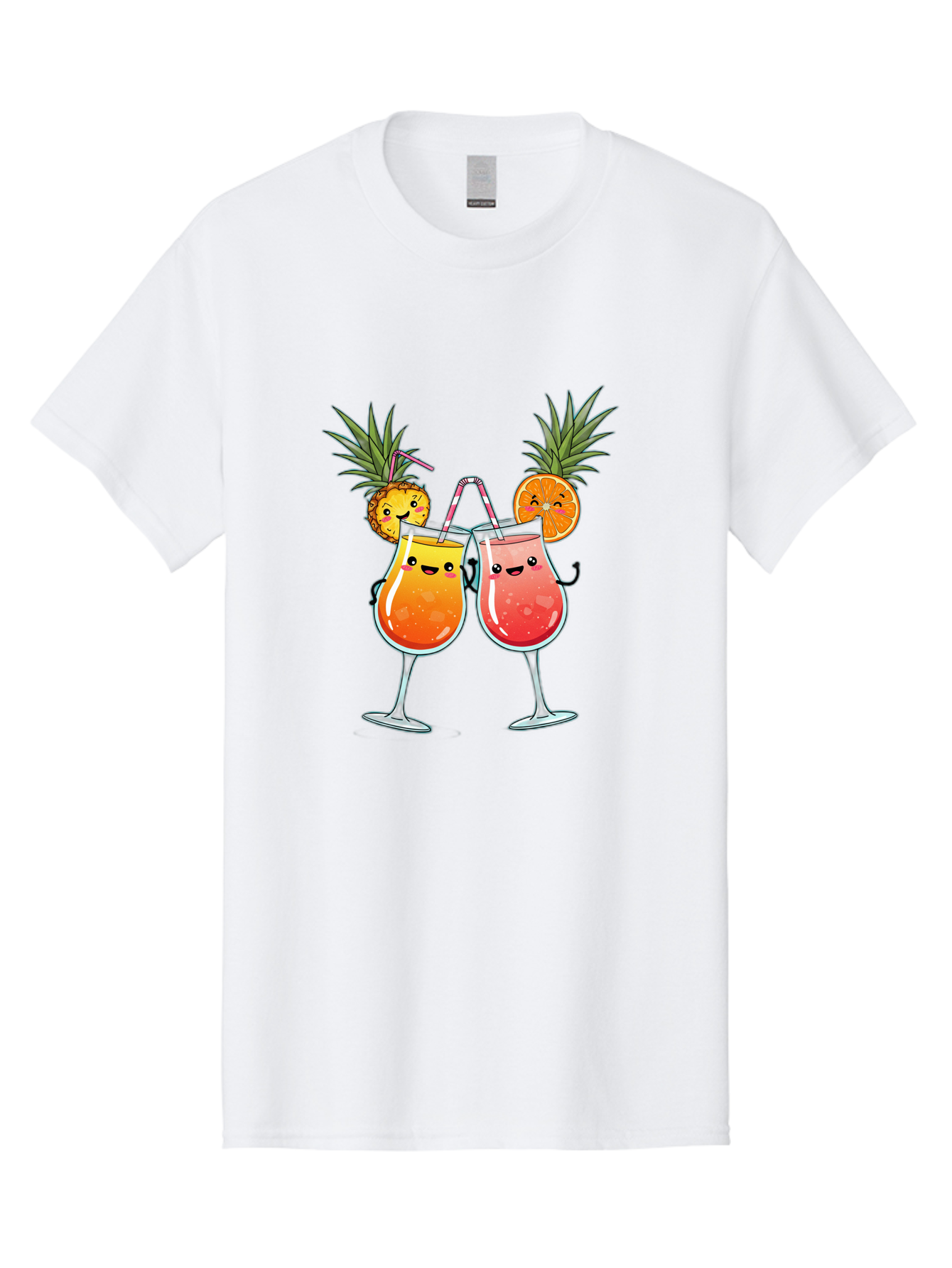 Cheers-Drinks Men'S Graphic Tee, 100% Cotton, Comfortable Casual Summer Wear, Machine Washable, Cartoon Cocktails, Fruity Drinks, Orange And Pink Colors, Pineapple Garnish, Smiling Glasses, Cheerful Toast, Fun Illustration, Tropical Vibe, Bac803