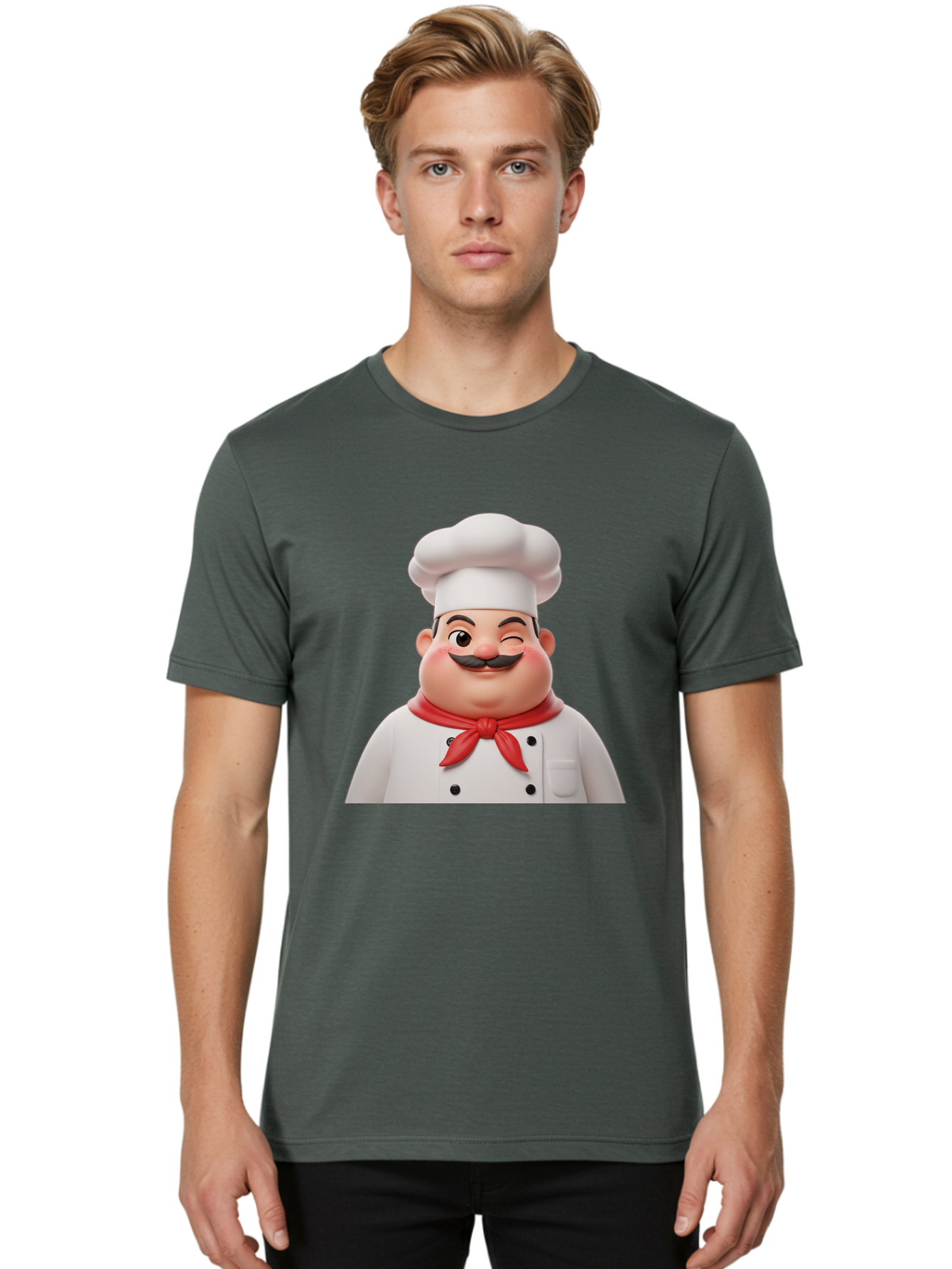 Chef-1 Men'S Graphic Tee, 100% Cotton, Comfortable Casual Summer Wear, Machine Washable, Cartoon Chef, White Hat, Red Neckerchief, Black Moustache, Smiling Face, Chef'S Uniform, Culinary Arts, Kitchen Staff, Friendly Demeanor Bac804