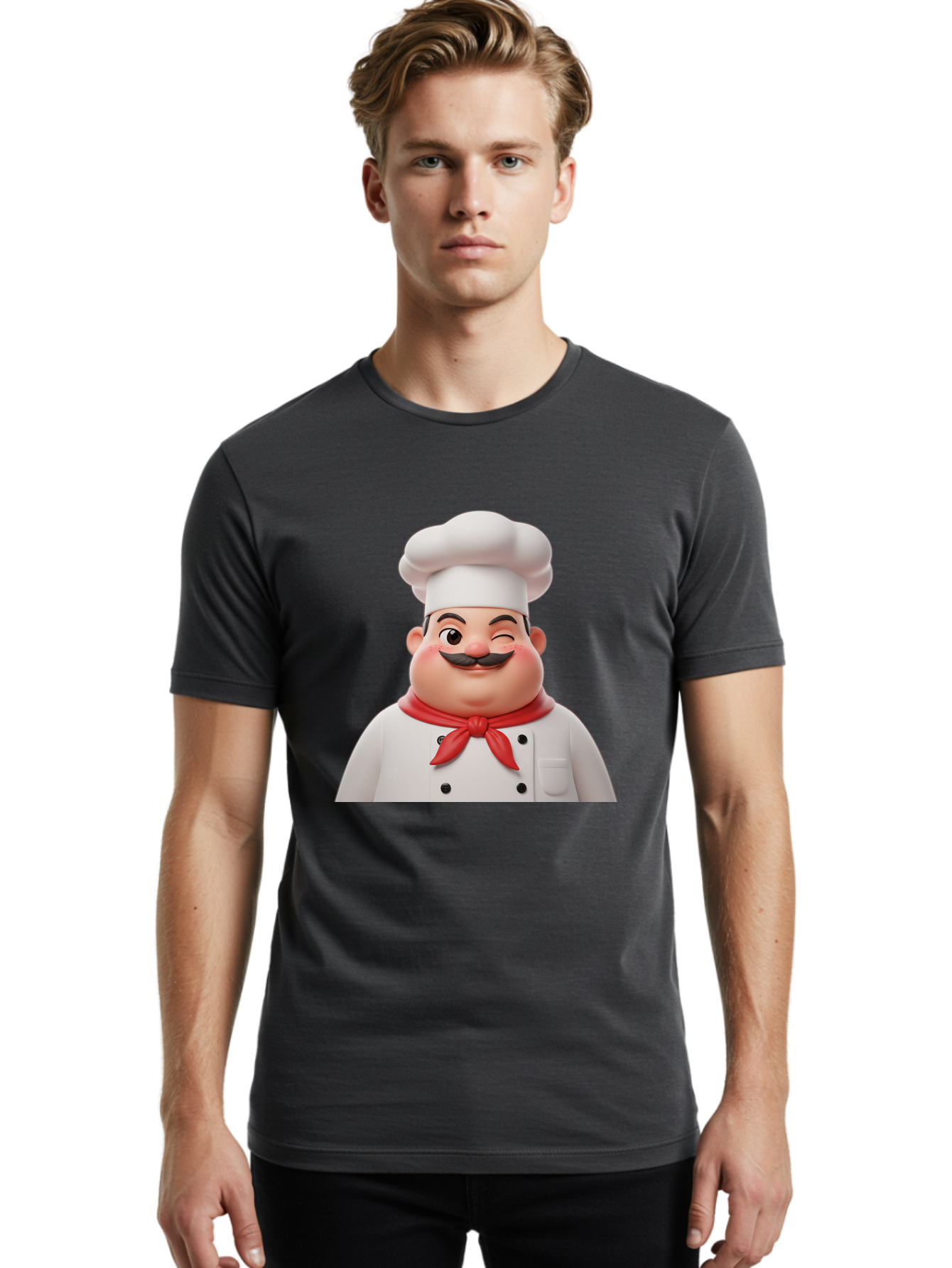 Chef-1 Men'S Graphic Tee, 100% Cotton, Comfortable Casual Summer Wear, Machine Washable, Cartoon Chef, White Hat, Red Neckerchief, Black Moustache, Smiling Face, Chef'S Uniform, Culinary Arts, Kitchen Staff, Friendly Demeanor Bac804