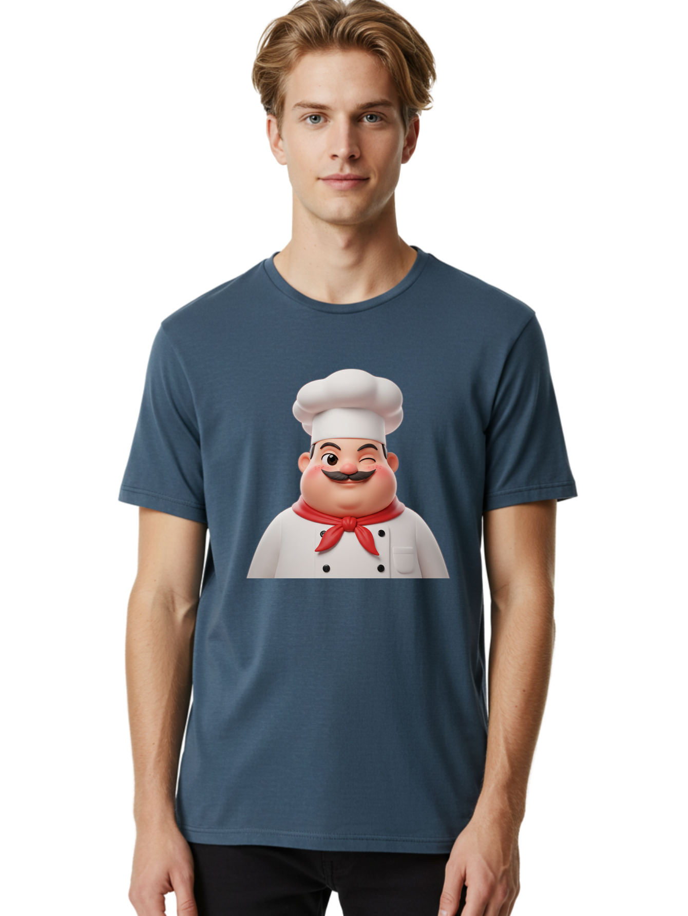 Chef-1 Men'S Graphic Tee, 100% Cotton, Comfortable Casual Summer Wear, Machine Washable, Cartoon Chef, White Hat, Red Neckerchief, Black Moustache, Smiling Face, Chef'S Uniform, Culinary Arts, Kitchen Staff, Friendly Demeanor Bac804