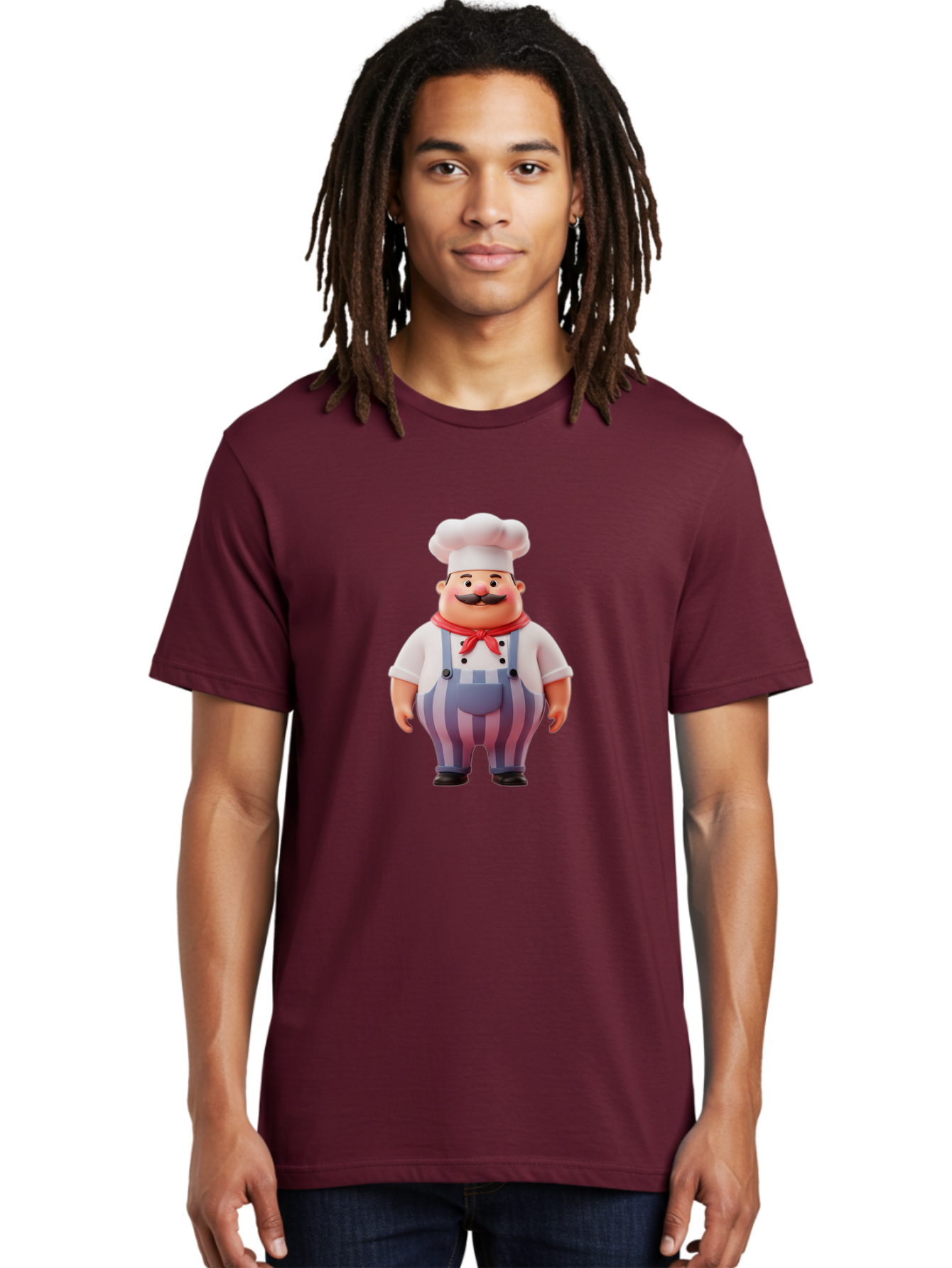 Chef-2 Men'S Graphic Tee, 100% Cotton, Comfortable Casual Summer Wear, Machine Washable, Cartoon Chef, 3D Character, Chef'S Hat, Red Bandana, Striped Overalls, Mustache, Cooking Personality, Culinary Art, Foodie Character, Cartoon Mascot, Bac805