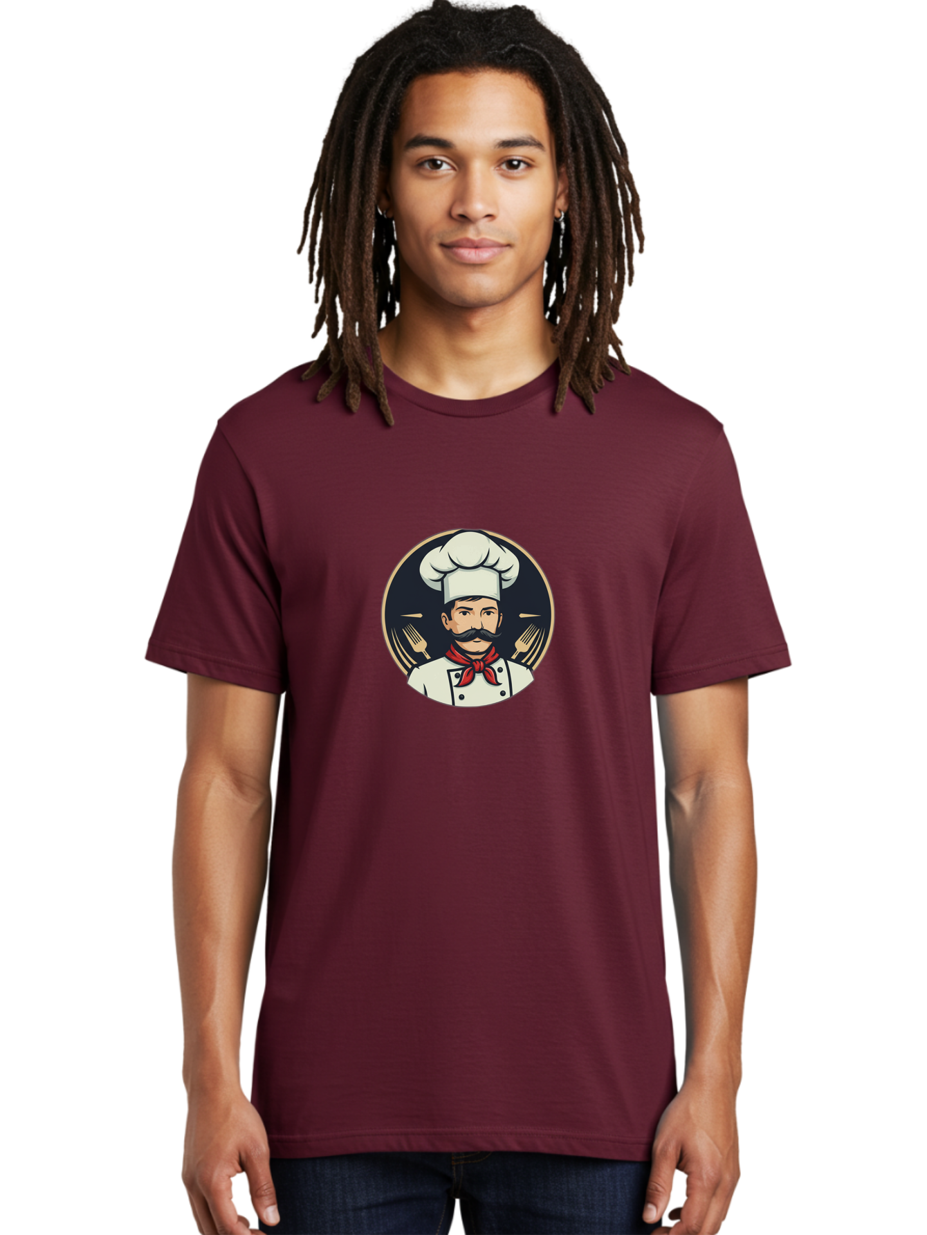 Chef-5 Men'S Graphic Tee, 100% Cotton, Comfortable Casual Summer Wear, Machine Washable, Cartoon Chef, Cooking Expert, Culinary Master, Red Neckerchief, White Hat, Black Mustache, Restaurant Icon, Chef'S Coat, Fine Dining, Utensils, Fork, Bac808