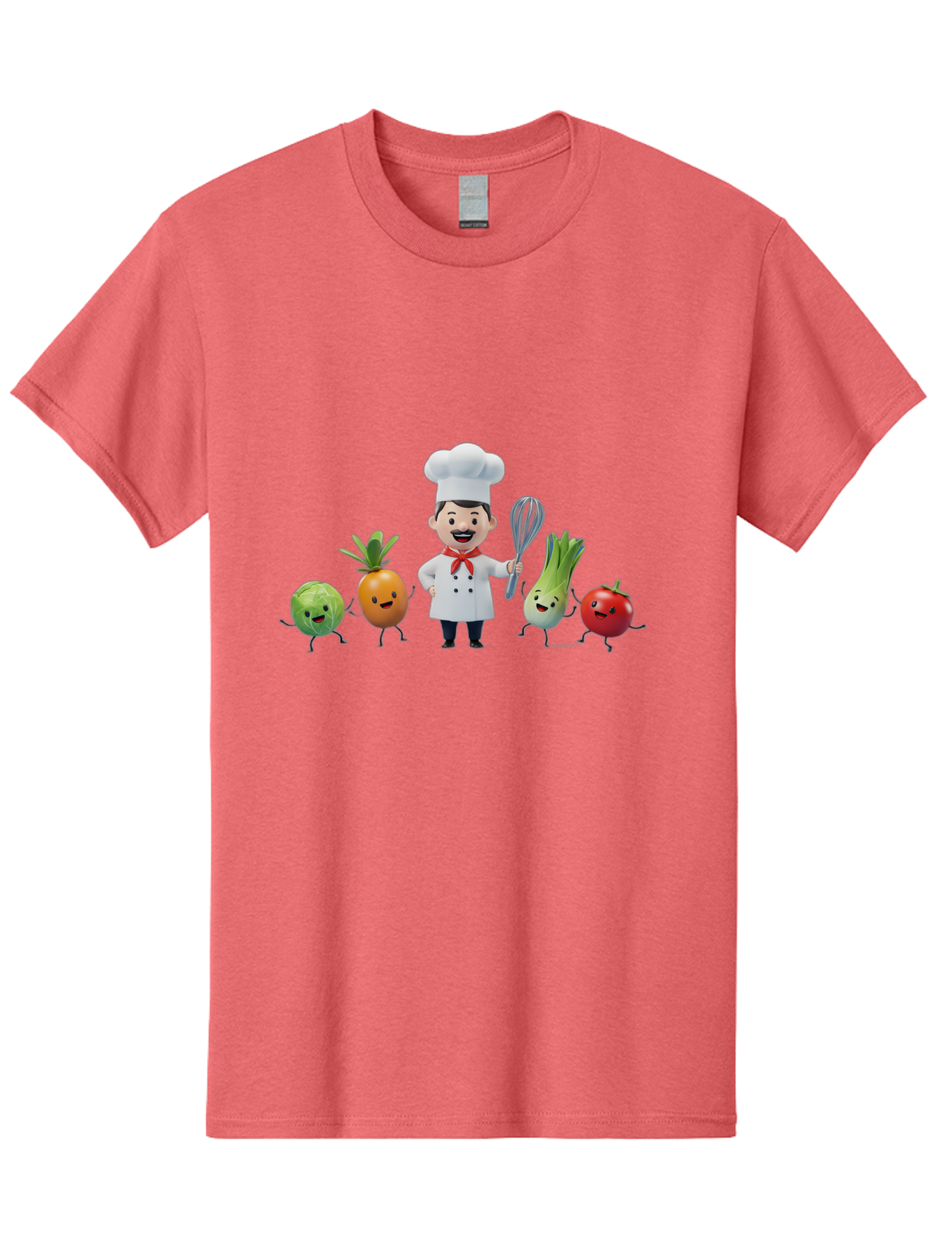 Chef-And-Vegetables Men'S Graphic Tee, 100% Cotton, Comfortable Casual Summer Wear, Machine Washable, Cartoon Chef, Happy Vegetables, Cooking Together, Healthy Food, Kitchen Fun, Animated Characters, Cheerful Scene, Food Preparation, Bac809