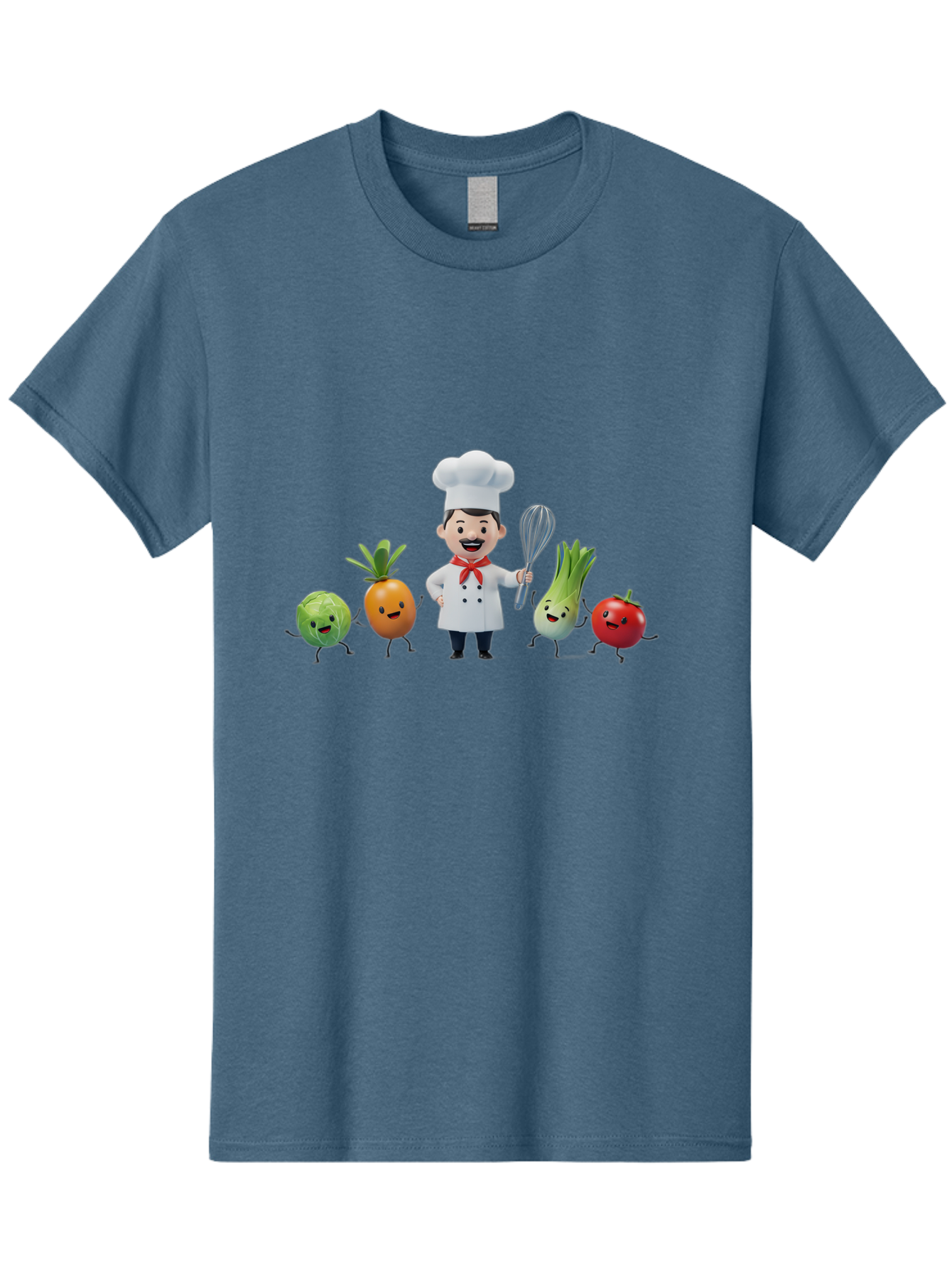 Chef-And-Vegetables Men'S Graphic Tee, 100% Cotton, Comfortable Casual Summer Wear, Machine Washable, Cartoon Chef, Happy Vegetables, Cooking Together, Healthy Food, Kitchen Fun, Animated Characters, Cheerful Scene, Food Preparation, Bac809