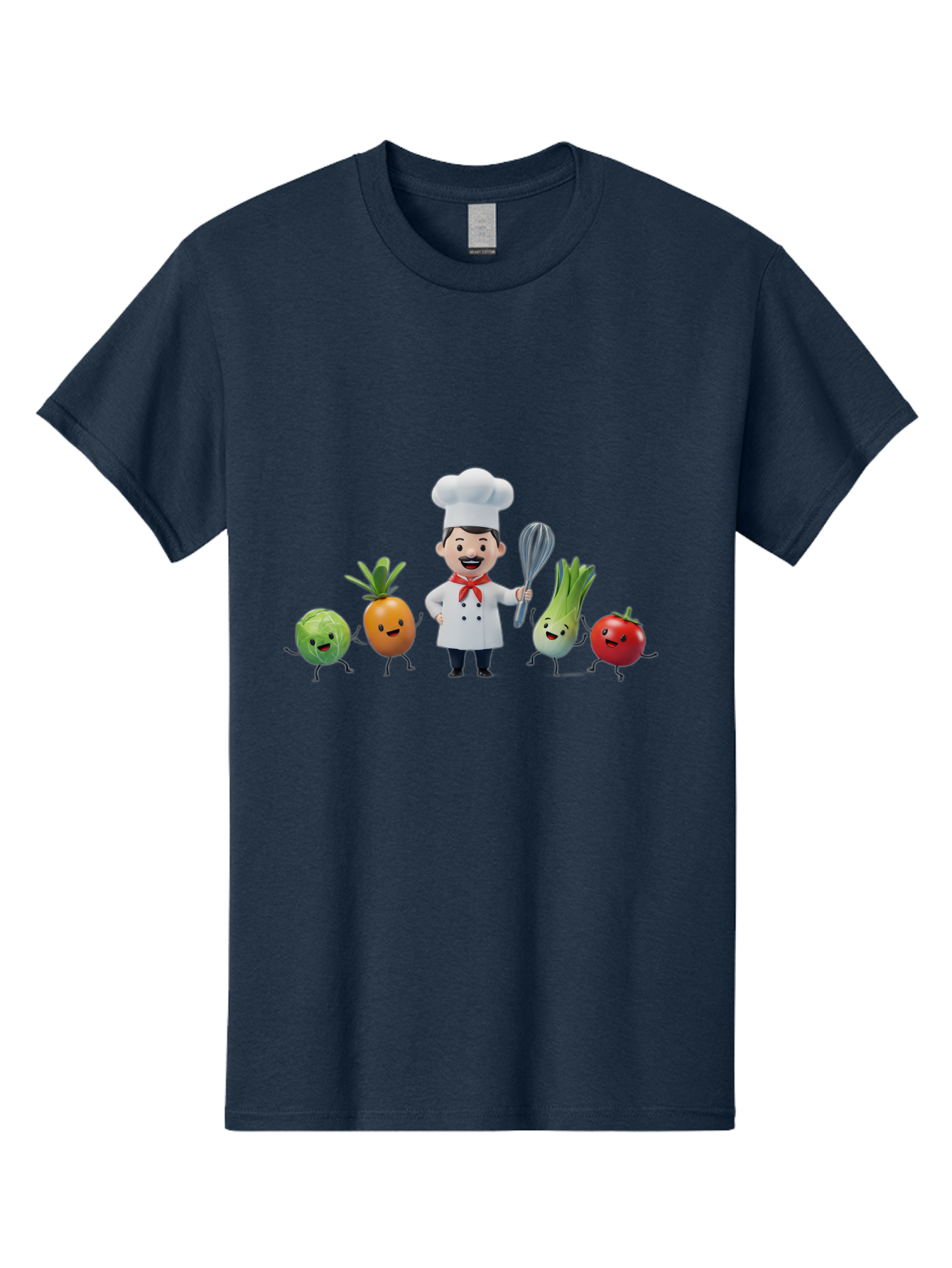 Chef-And-Vegetables Men'S Graphic Tee, 100% Cotton, Comfortable Casual Summer Wear, Machine Washable, Cartoon Chef, Happy Vegetables, Cooking Together, Healthy Food, Kitchen Fun, Animated Characters, Cheerful Scene, Food Preparation, Bac809