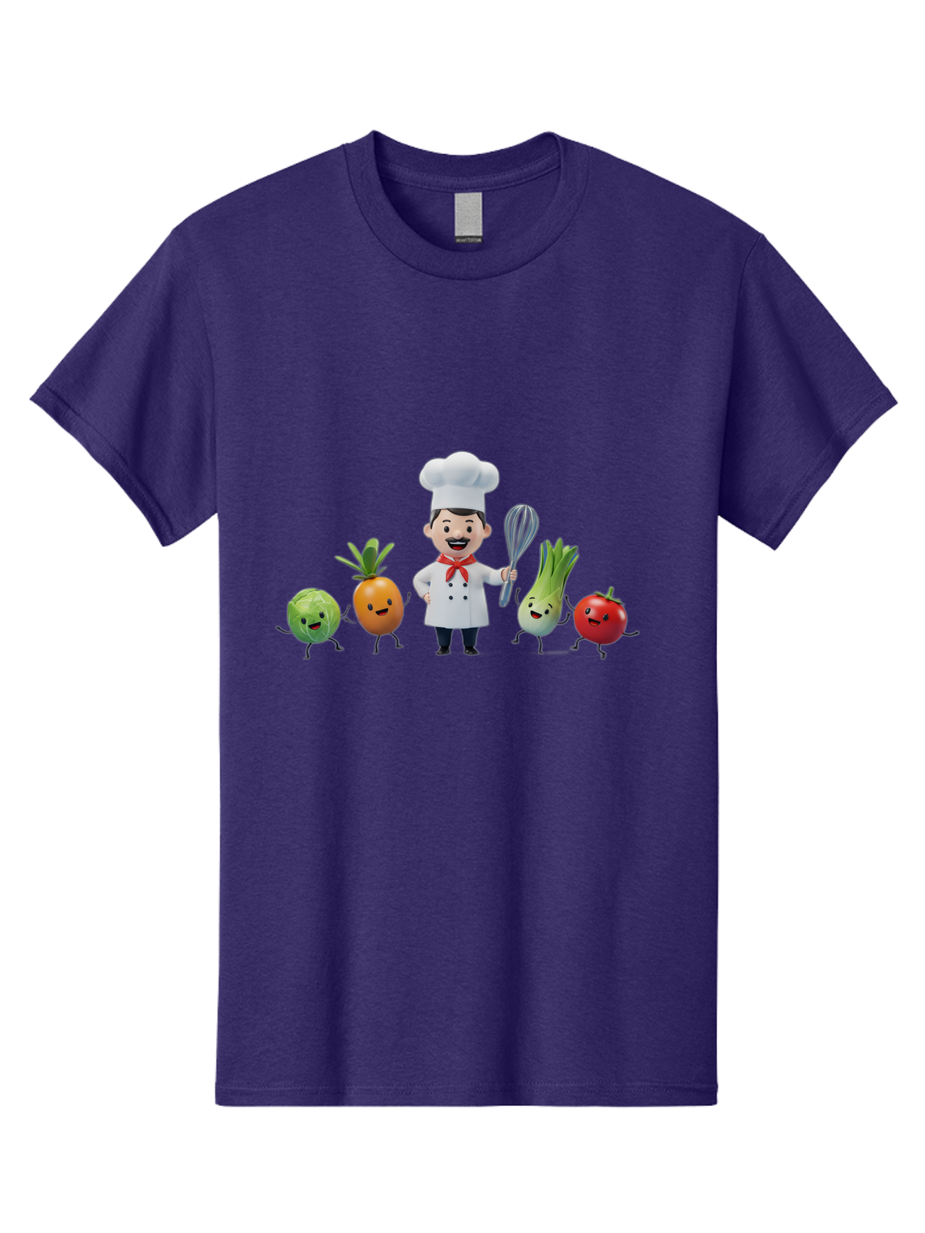 Chef-And-Vegetables Men'S Graphic Tee, 100% Cotton, Comfortable Casual Summer Wear, Machine Washable, Cartoon Chef, Happy Vegetables, Cooking Together, Healthy Food, Kitchen Fun, Animated Characters, Cheerful Scene, Food Preparation, Bac809