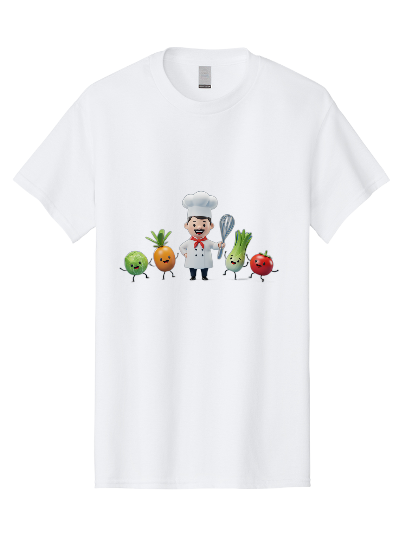 Chef-And-Vegetables Men'S Graphic Tee, 100% Cotton, Comfortable Casual Summer Wear, Machine Washable, Cartoon Chef, Happy Vegetables, Cooking Together, Healthy Food, Kitchen Fun, Animated Characters, Cheerful Scene, Food Preparation, Bac809