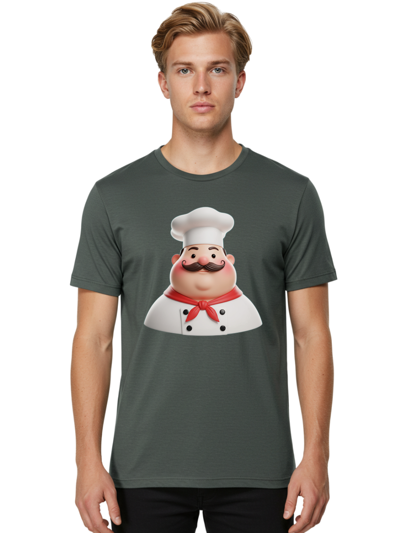 Chef-Character-2 Men'S Graphic Tee, 100% Cotton, Comfortable Casual Summer Wear, Machine Washable, Cartoon Chef, White Hat, Red Scarf, Mustache, Chef Character, Kitchen Staff, Cooking Illustration, Chef Illustration, Culinary Art, 3D Character Bac811