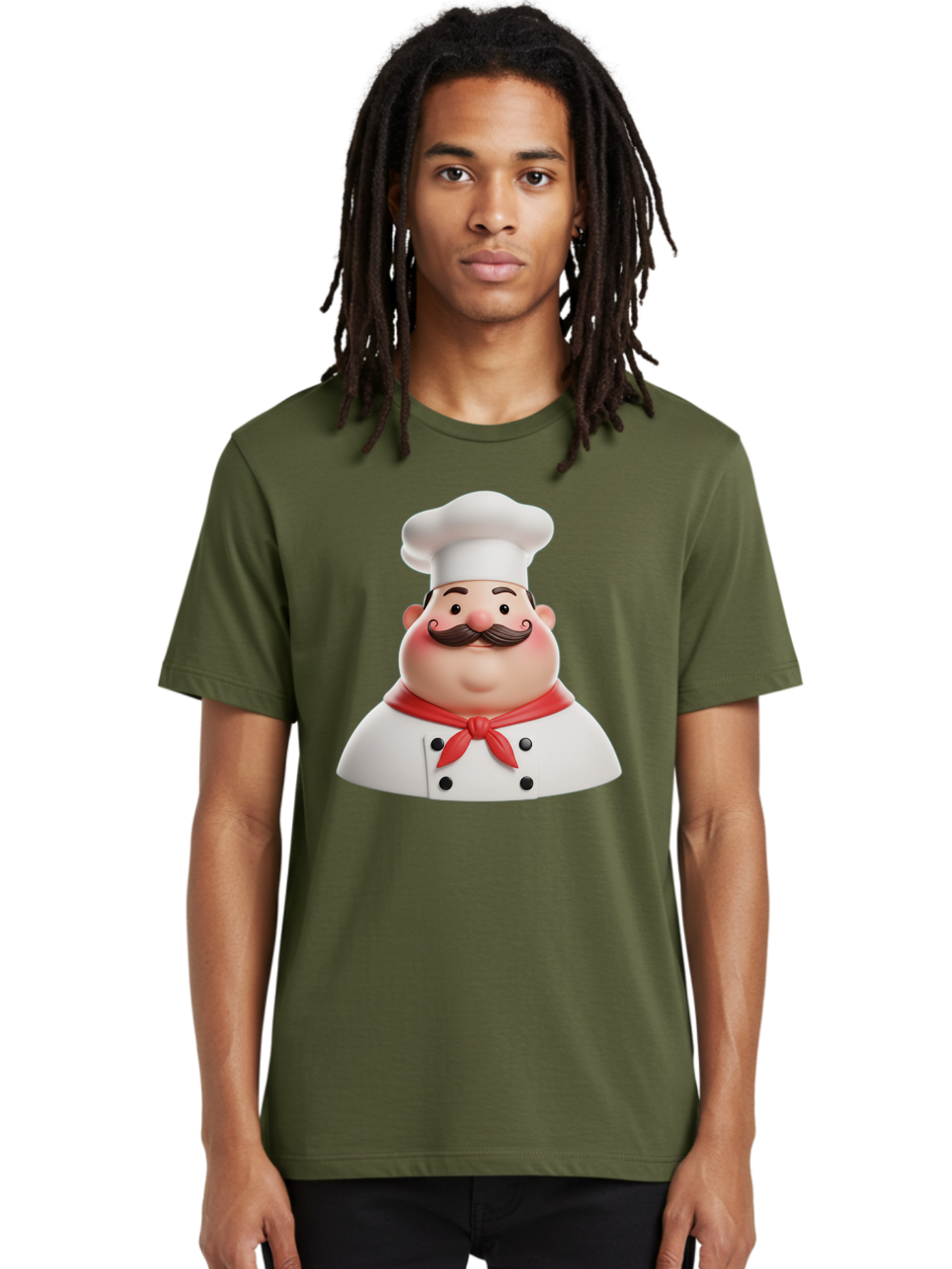 Chef-Character-2 Men'S Graphic Tee, 100% Cotton, Comfortable Casual Summer Wear, Machine Washable, Cartoon Chef, White Hat, Red Scarf, Mustache, Chef Character, Kitchen Staff, Cooking Illustration, Chef Illustration, Culinary Art, 3D Character Bac811