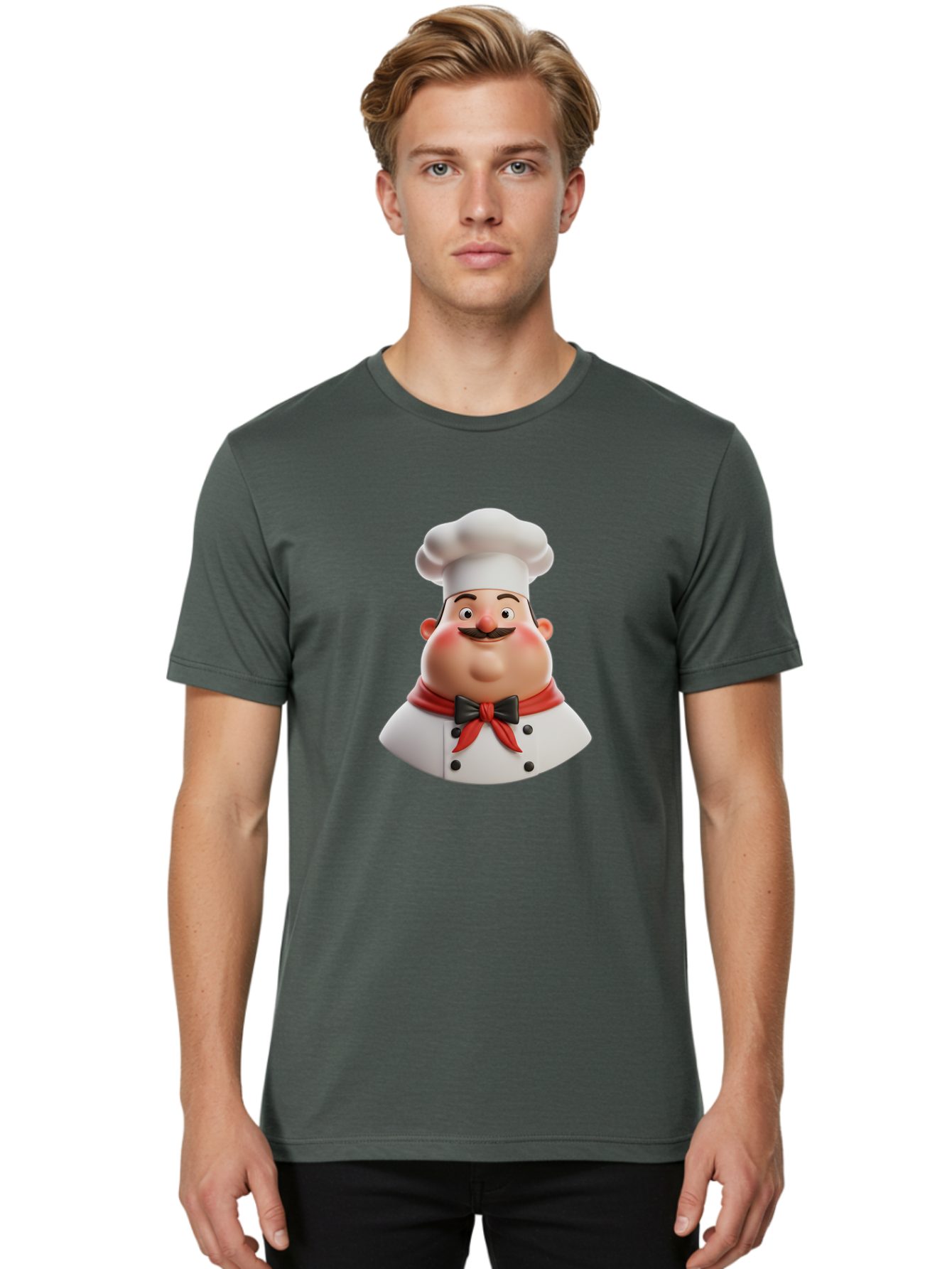 Chef-Character-3 Men'S Graphic Tee, 100% Cotton, Comfortable Casual Summer Wear, Machine Washable, Cartoon Chef, 3D Character, Chef Hat, Chef Coat, Red Scarf, Black Bow Tie, Mustache, Cooking, Culinary, Chef Illustration, Kitchen Character Bac812