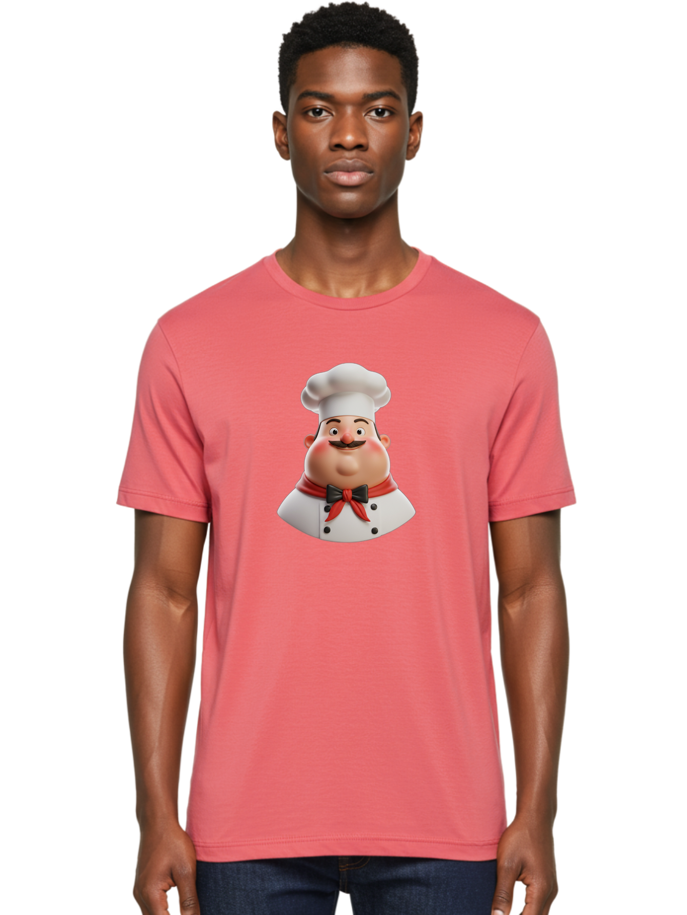 Chef-Character-3 Men'S Graphic Tee, 100% Cotton, Comfortable Casual Summer Wear, Machine Washable, Cartoon Chef, 3D Character, Chef Hat, Chef Coat, Red Scarf, Black Bow Tie, Mustache, Cooking, Culinary, Chef Illustration, Kitchen Character Bac812