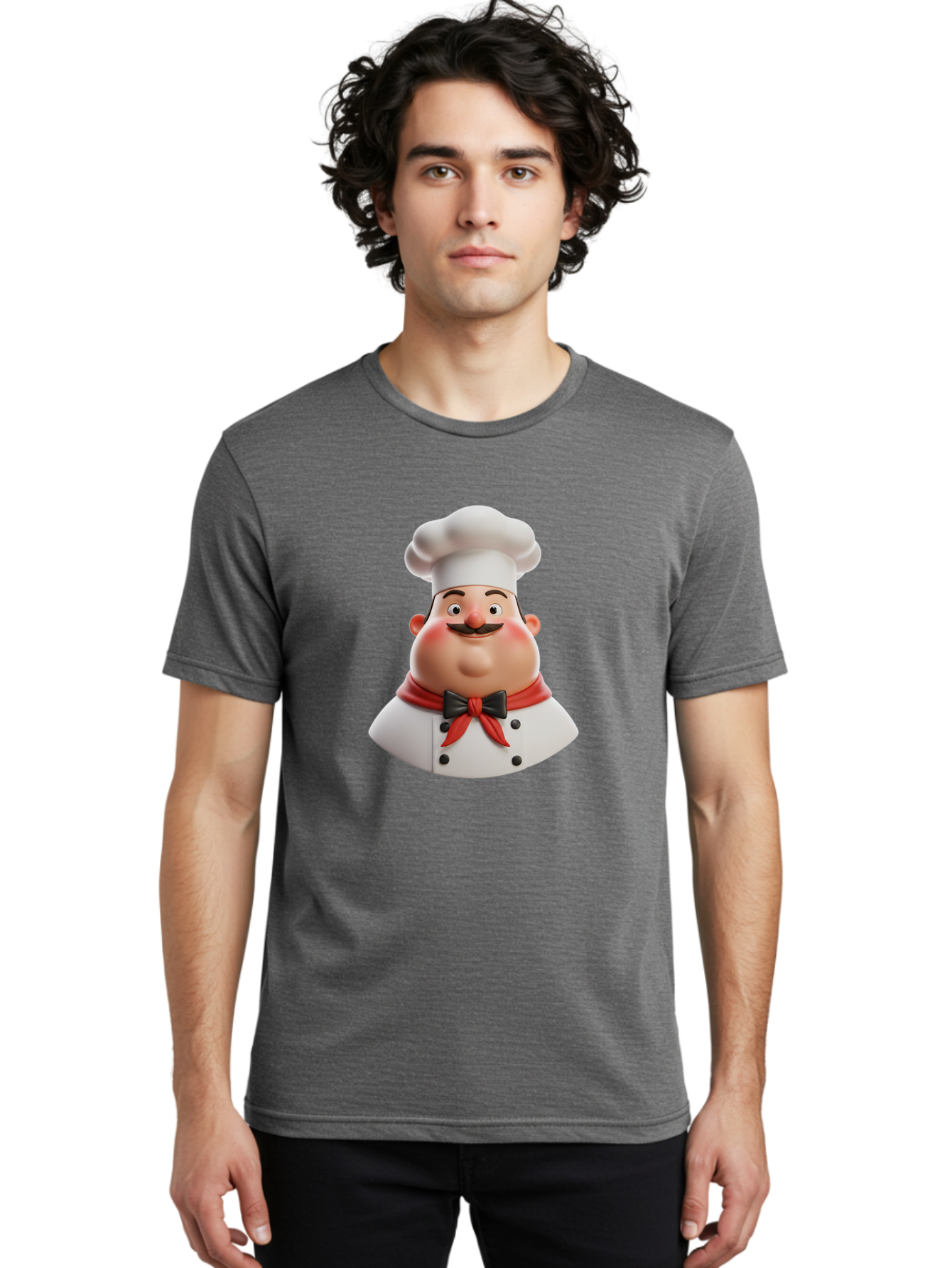 Chef-Character-3 Men'S Graphic Tee, 100% Cotton, Comfortable Casual Summer Wear, Machine Washable, Cartoon Chef, 3D Character, Chef Hat, Chef Coat, Red Scarf, Black Bow Tie, Mustache, Cooking, Culinary, Chef Illustration, Kitchen Character Bac812