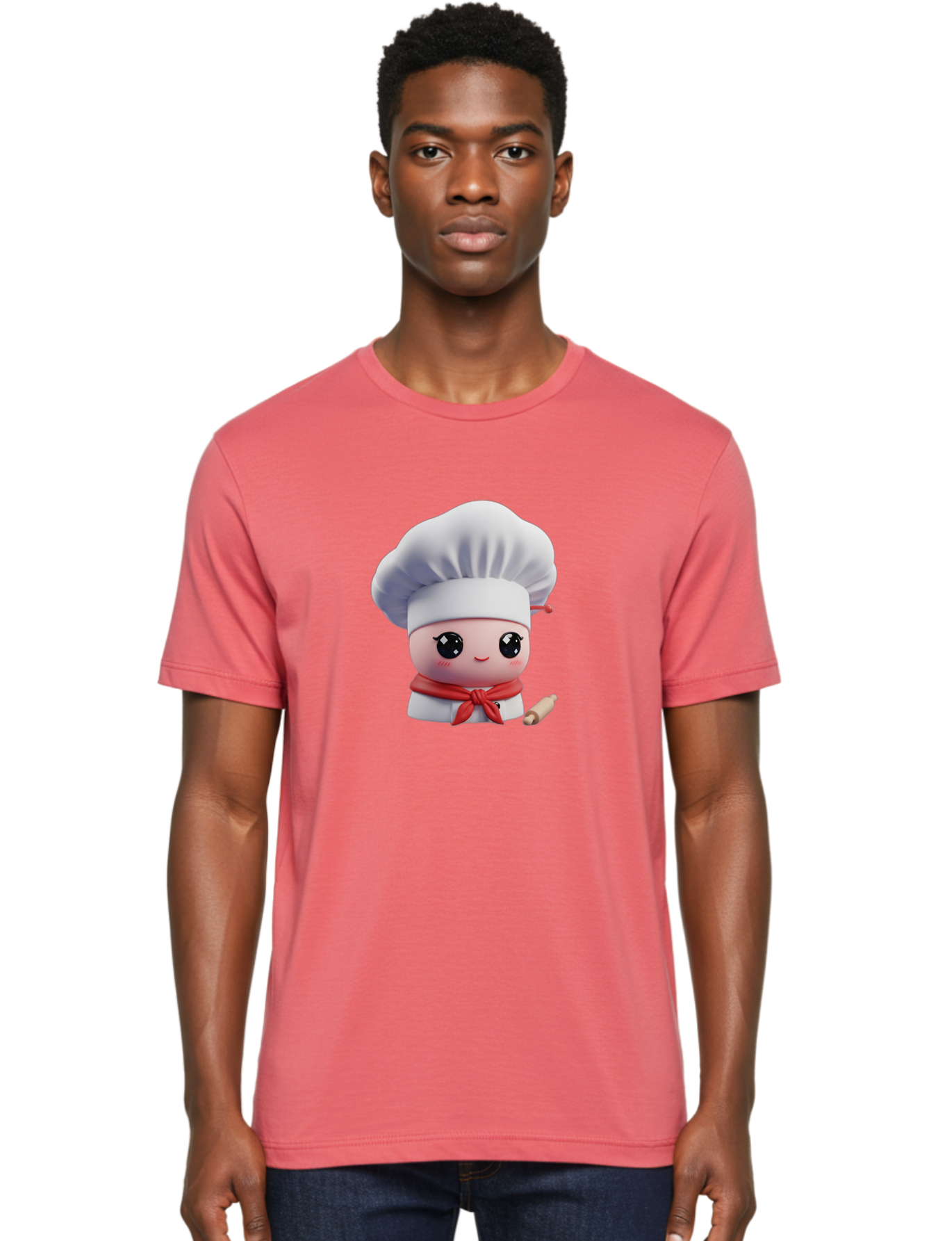 Chef-Character-4 Men'S Graphic Tee, 100% Cotton, Comfortable Casual Summer Wear, Machine Washable, Cartoon Chef Character, Cute Chef Illustration, Chef Hat, Red Scarf, White Uniform, Cooking Utensils, Kitchen Theme, Adorable Chef, Pastry Chef, Bac813
