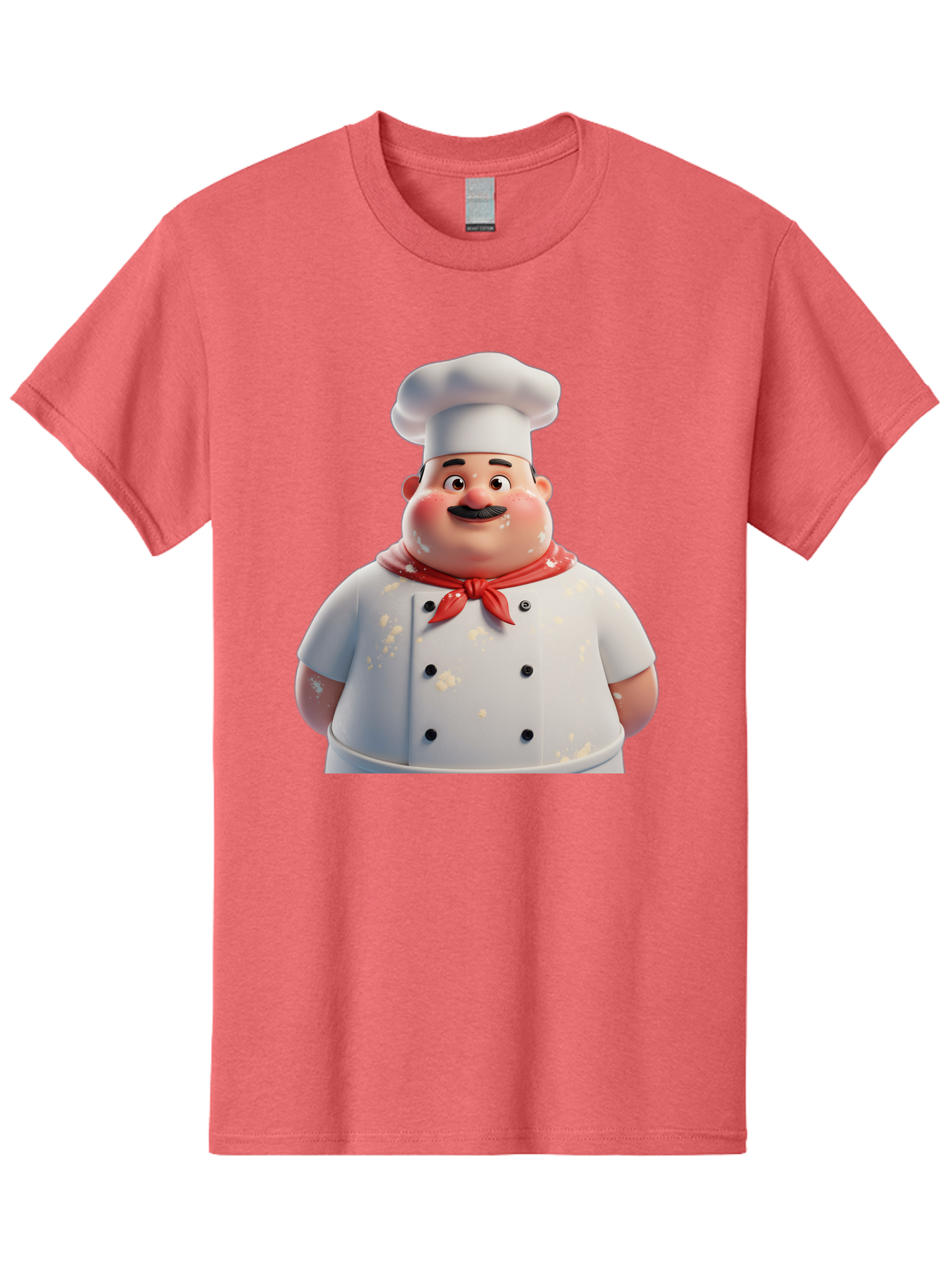 Chef-Character Men'S Graphic Tee, 100% Cotton, Comfortable Casual Summer Wear, Machine Washable, Cartoon Chef, White Chef Hat, Red Neckerchief, Mustache, Chef Coat, Cooking, Culinary Arts, Kitchen Staff, Food Preparation, 3D Character, Bac814