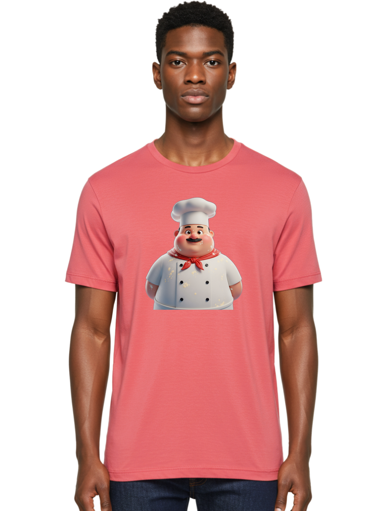 Chef-Character Men'S Graphic Tee, 100% Cotton, Comfortable Casual Summer Wear, Machine Washable, Cartoon Chef, White Chef Hat, Red Neckerchief, Mustache, Chef Coat, Cooking, Culinary Arts, Kitchen Staff, Food Preparation, 3D Character, Bac814