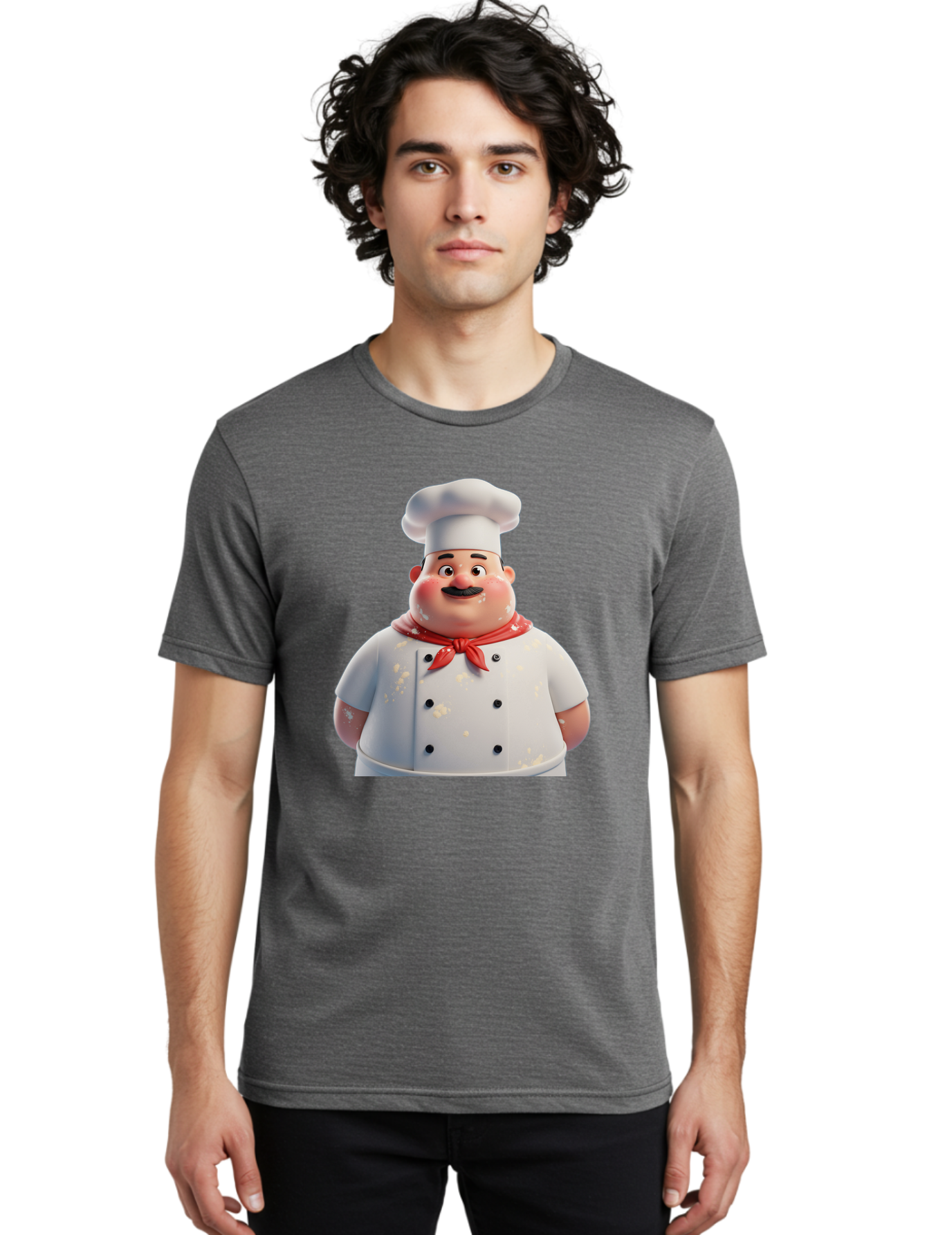 Chef-Character Men'S Graphic Tee, 100% Cotton, Comfortable Casual Summer Wear, Machine Washable, Cartoon Chef, White Chef Hat, Red Neckerchief, Mustache, Chef Coat, Cooking, Culinary Arts, Kitchen Staff, Food Preparation, 3D Character, Bac814