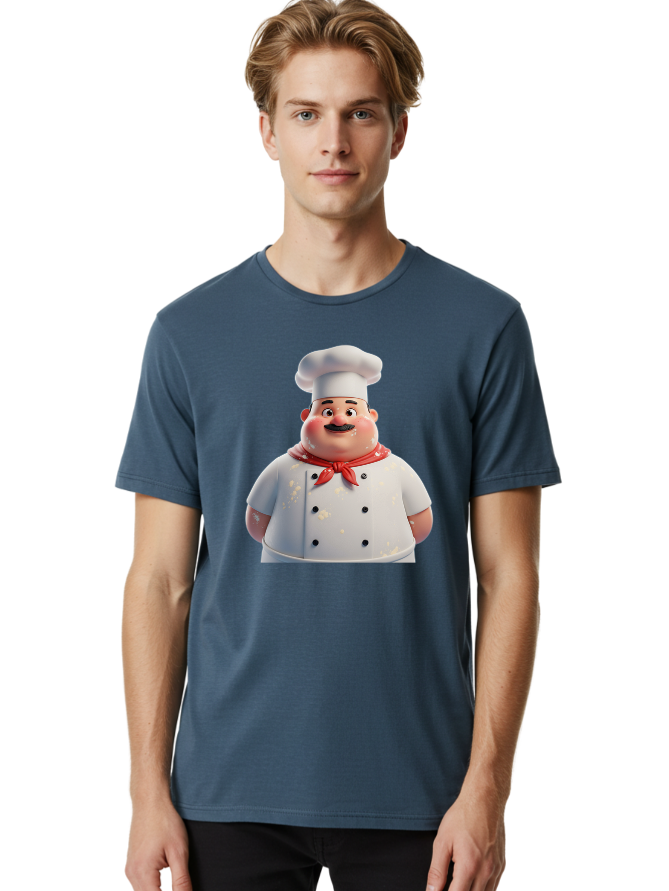 Chef-Character Men'S Graphic Tee, 100% Cotton, Comfortable Casual Summer Wear, Machine Washable, Cartoon Chef, White Chef Hat, Red Neckerchief, Mustache, Chef Coat, Cooking, Culinary Arts, Kitchen Staff, Food Preparation, 3D Character, Bac814