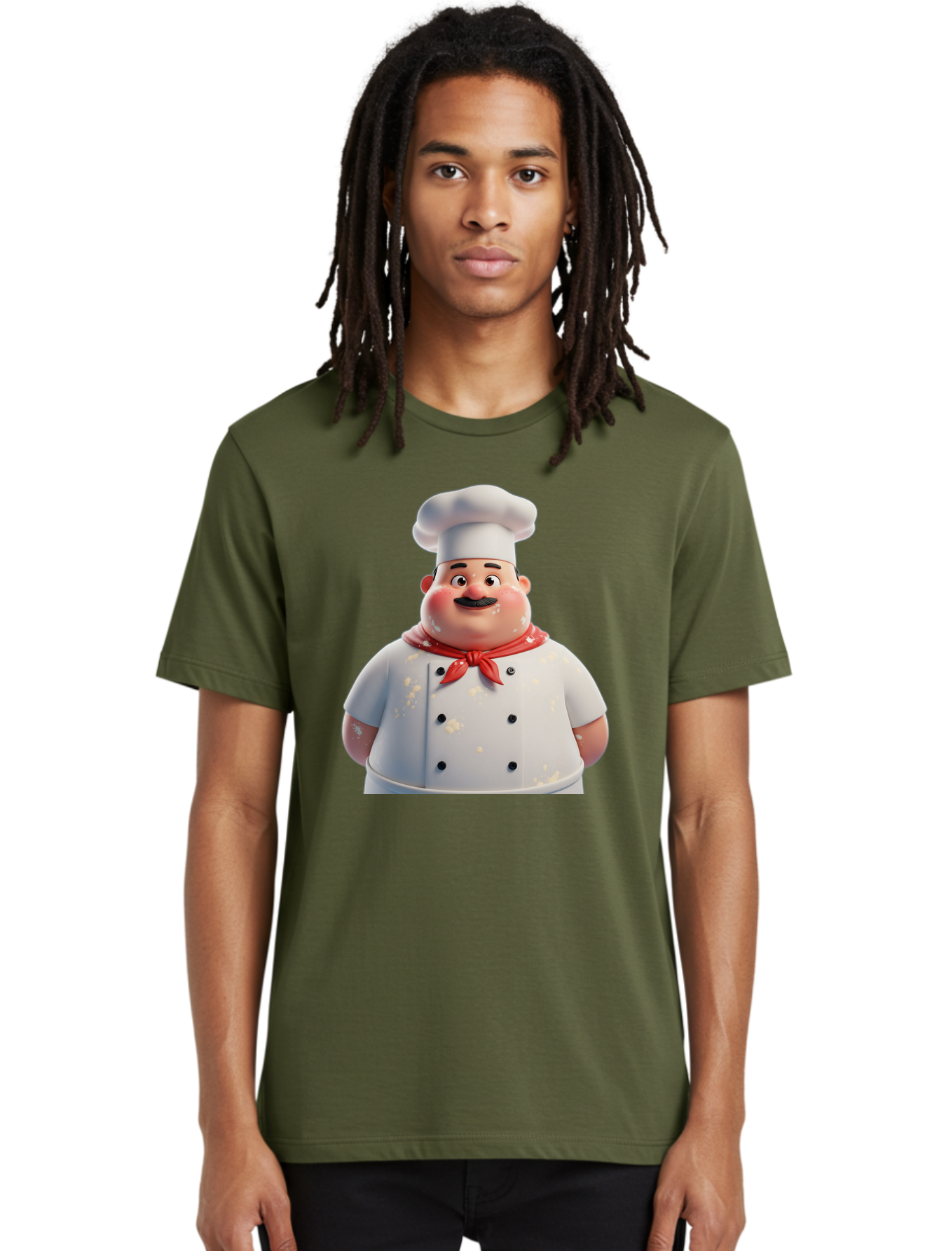 Chef-Character Men'S Graphic Tee, 100% Cotton, Comfortable Casual Summer Wear, Machine Washable, Cartoon Chef, White Chef Hat, Red Neckerchief, Mustache, Chef Coat, Cooking, Culinary Arts, Kitchen Staff, Food Preparation, 3D Character, Bac814