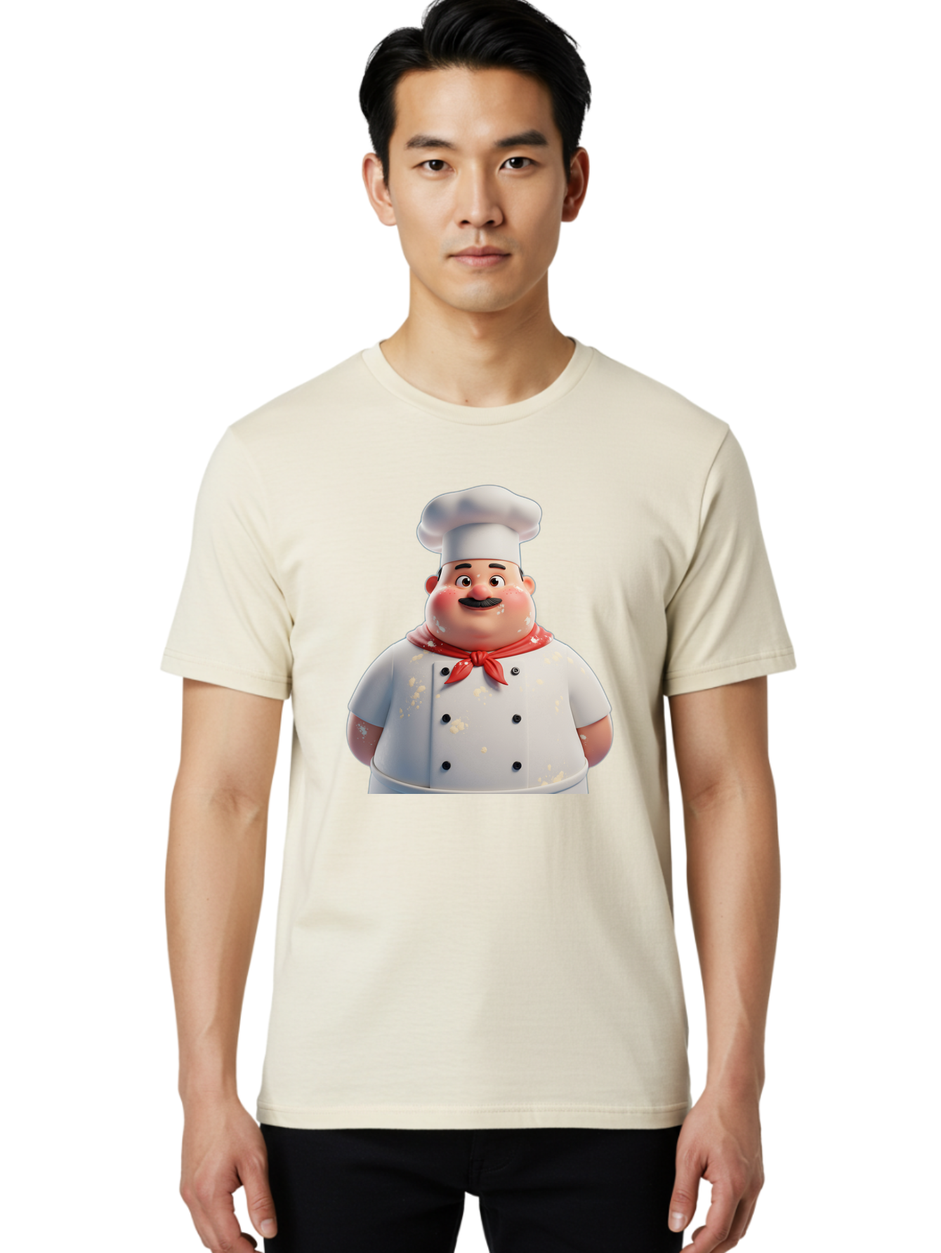 Chef-Character Men'S Graphic Tee, 100% Cotton, Comfortable Casual Summer Wear, Machine Washable, Cartoon Chef, White Chef Hat, Red Neckerchief, Mustache, Chef Coat, Cooking, Culinary Arts, Kitchen Staff, Food Preparation, 3D Character, Bac814