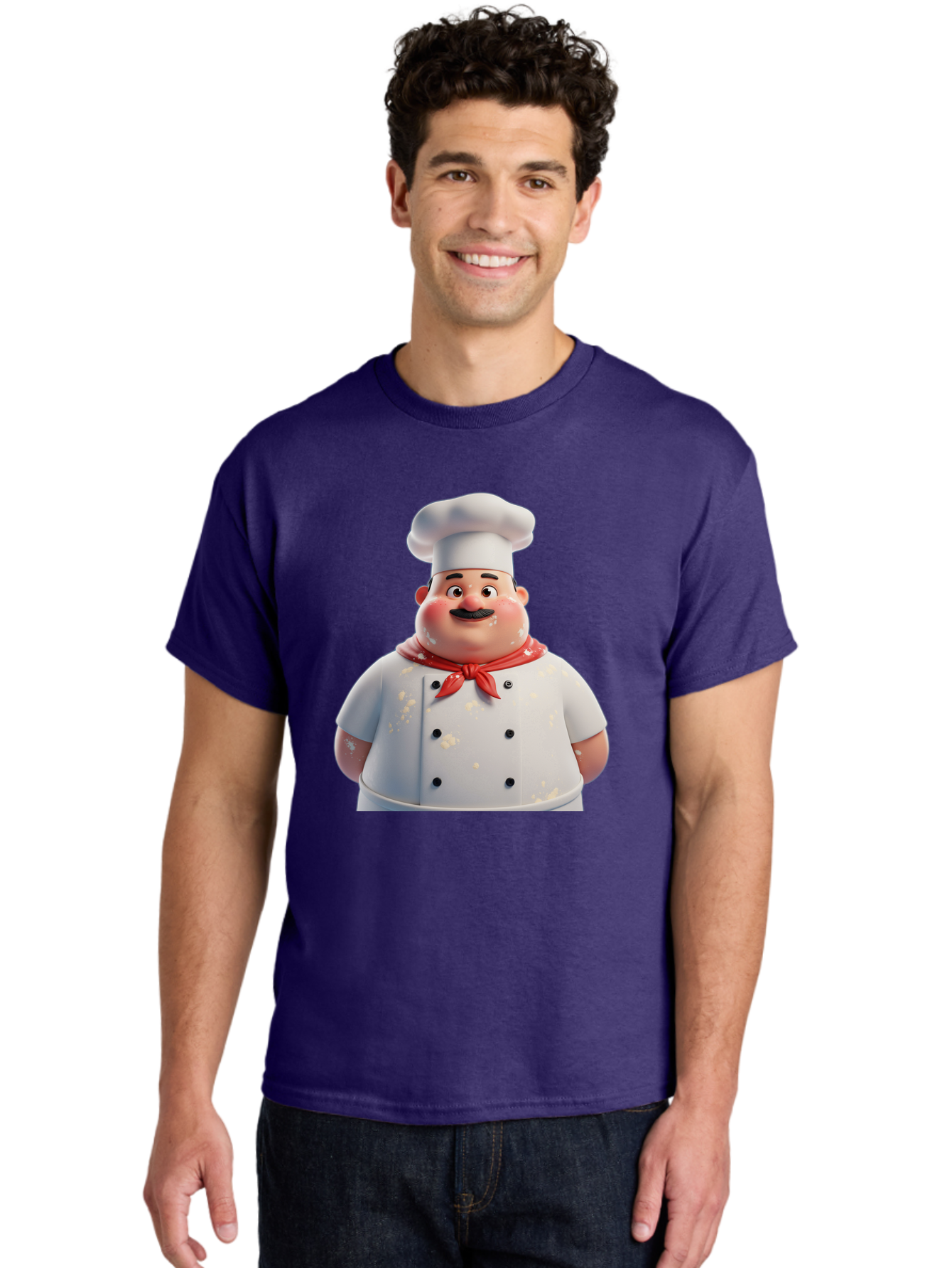 Chef-Character Men'S Graphic Tee, 100% Cotton, Comfortable Casual Summer Wear, Machine Washable, Cartoon Chef, White Chef Hat, Red Neckerchief, Mustache, Chef Coat, Cooking, Culinary Arts, Kitchen Staff, Food Preparation, 3D Character, Bac814